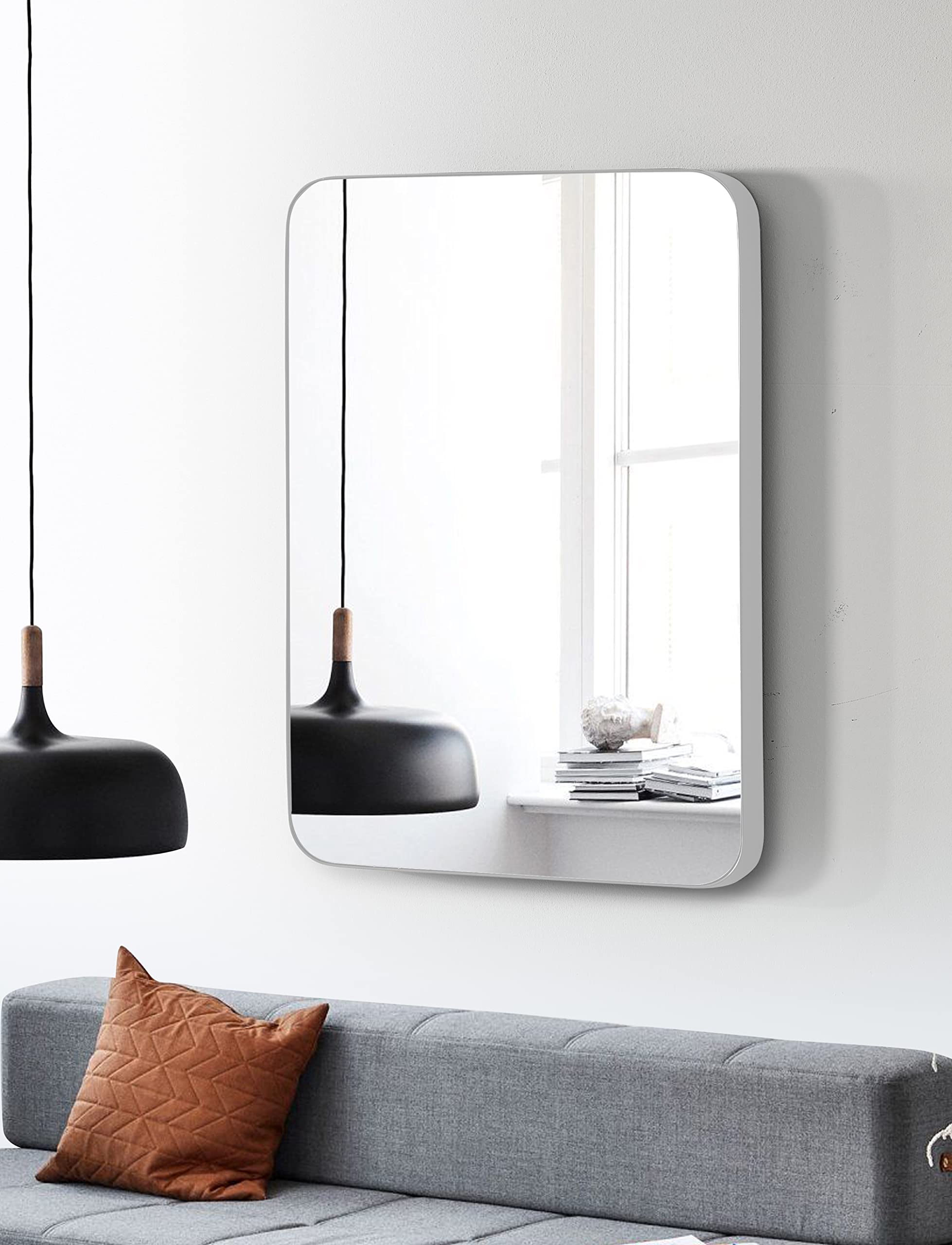MIRRONA 22x30 Inch Decorative White Wall Mirror - Aluminum Frame, Rounded Corners, Horizontal or Vertical Hanging - Perfect for Bathroom, Bedroom, Living Room & Entryway Decor