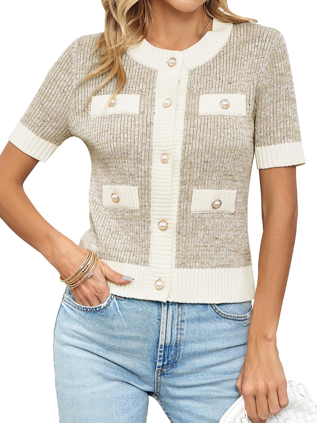 Langwyqu Women's Lightweight Cropped Button Down Cardigan Sweater - Short Sleeve Crew Neck Elegant Top for Casual Wear, Office & Spring Outfits