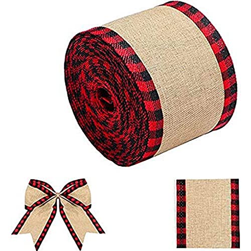 2 Rolls Buffalo Plaid Wired Edge Ribbon - Christmas Burlap Fabric Craft Ribbon for DIY Wrapping, Gift Bows, Holiday Decor (6 Yards per Roll, Checkered Edge) - Perfect for Tree Trimming, Present Wrapping & Seasonal Crafts