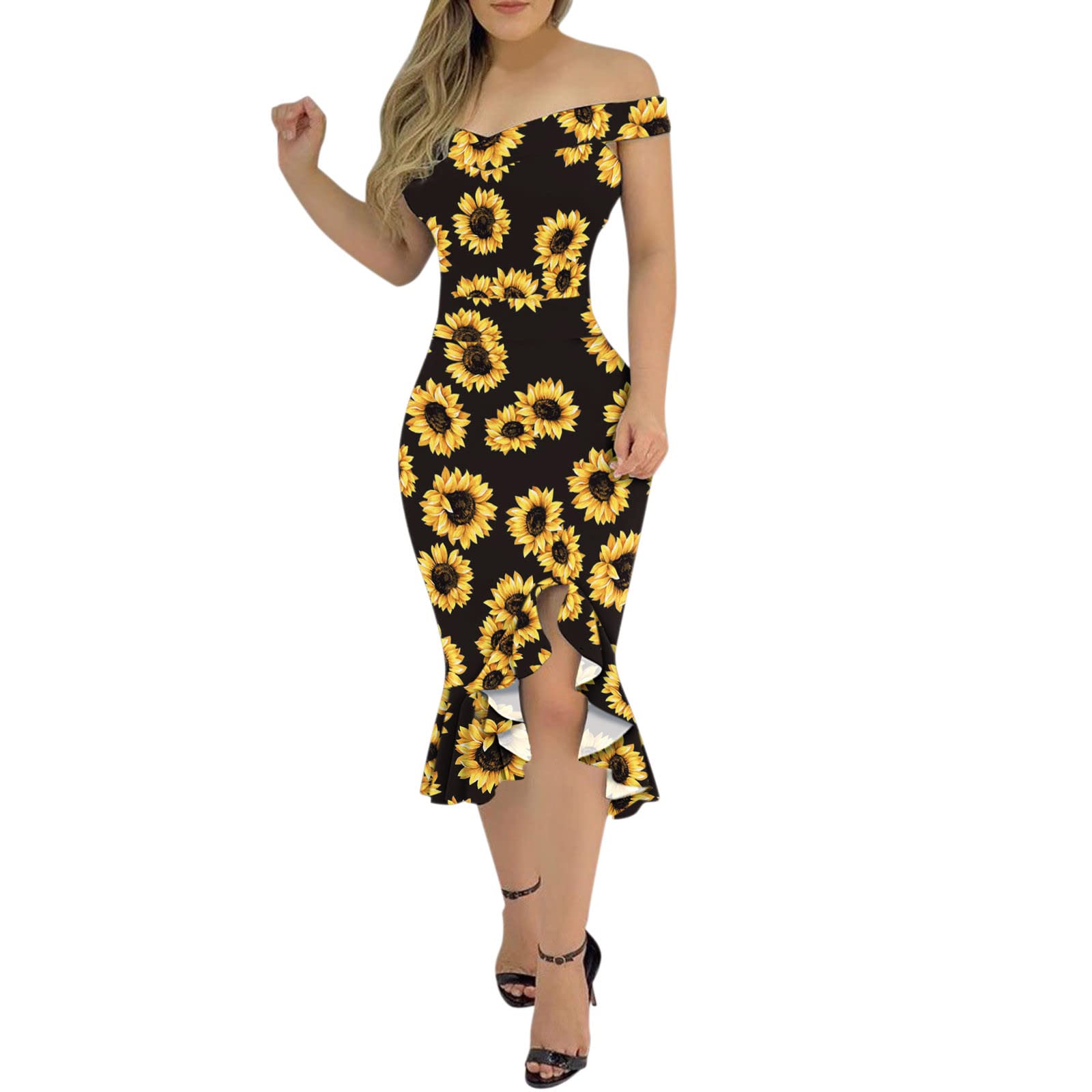 Elegant Sunflower Off Shoulder Maxi Dress for Women - Summer Cocktail Party Dress with Slit & Elastic Waist - Plus Size Floral Easter Dress | Perfect for Beach Weddings, Garden Parties & Date Nights