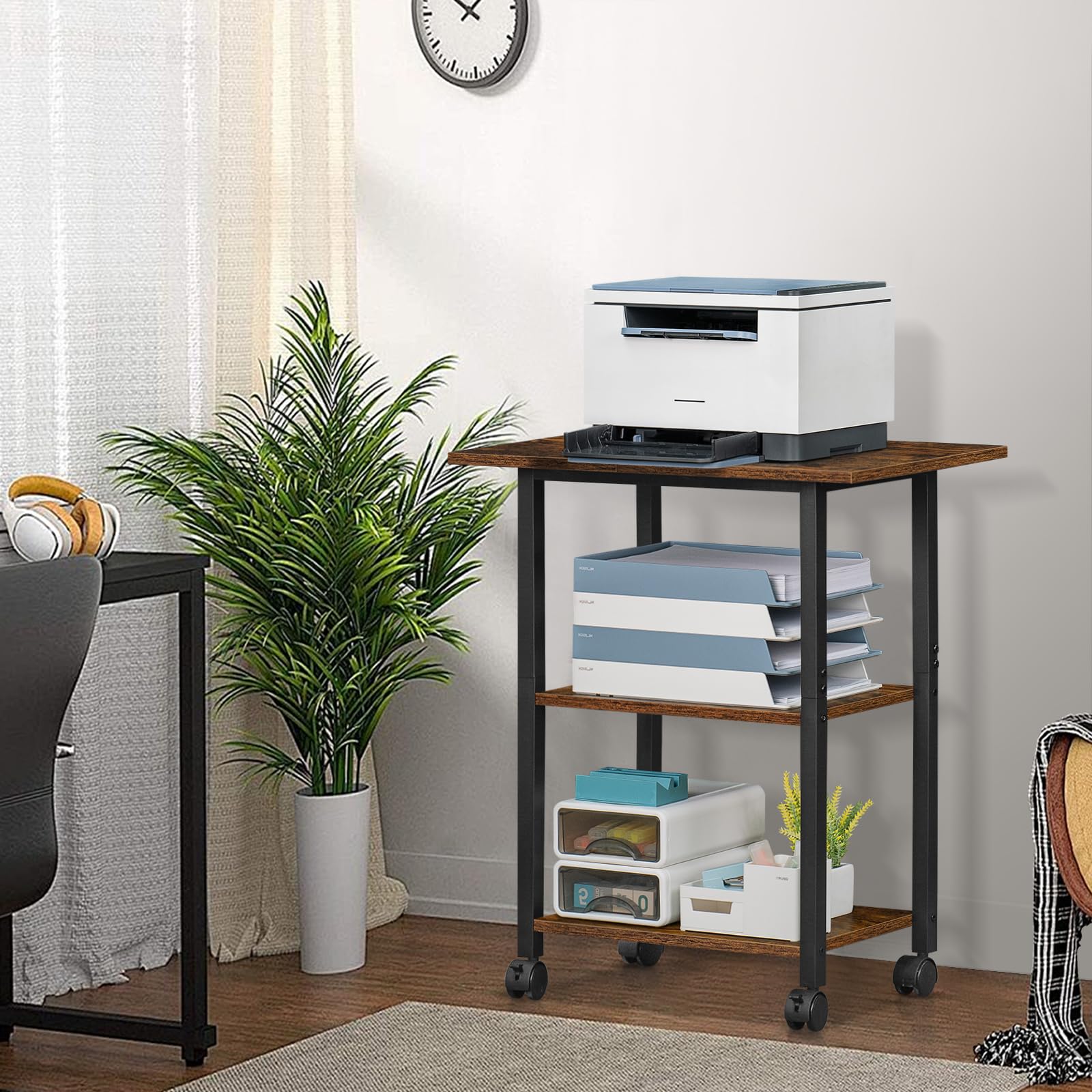 Lerliuo 3-Tier Mobile Printer Stand with Storage Shelf - Heavy Duty Steel Frame Rolling Cart with Lockable Wheels for Home Office Use - Perfect for Laser/Inkjet Printers, Scanners & Office Equipment Organization