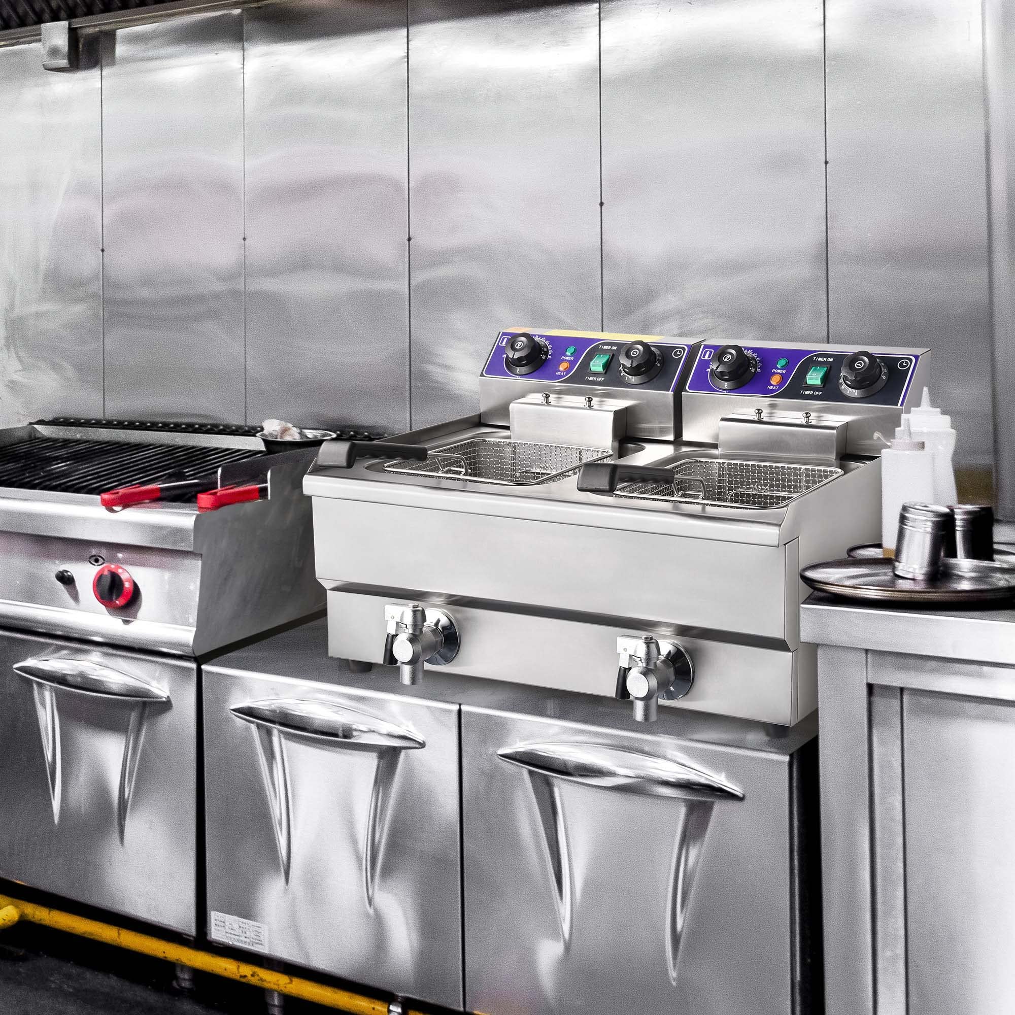 WeChef 23.4L 3000W Commercial Electric Deep Fryer with Timer & Oil Filtration System, Dual Removable Stainless Steel Baskets - Perfect for Restaurants, Fast Food Shops, and Catering Businesses