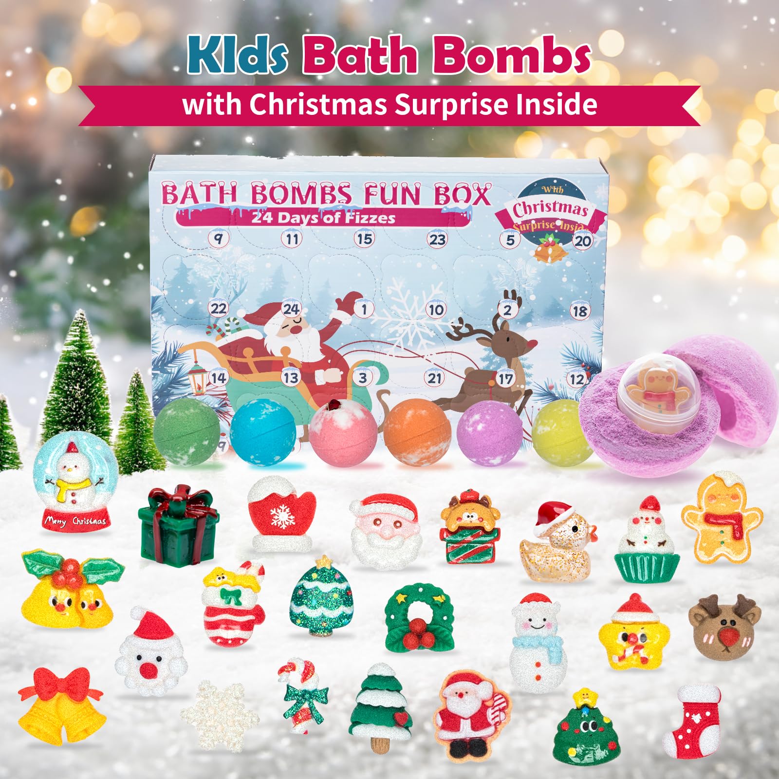 2024 Christmas Bath Bomb Advent Calendar - 24 Pack Holiday Bath Bombs for Kids with Surprise Toys Inside | Fun Bath & Body Advent Calendar Gift for Boys & Girls | Perfect for Christmas Countdown & Holiday Relaxation
