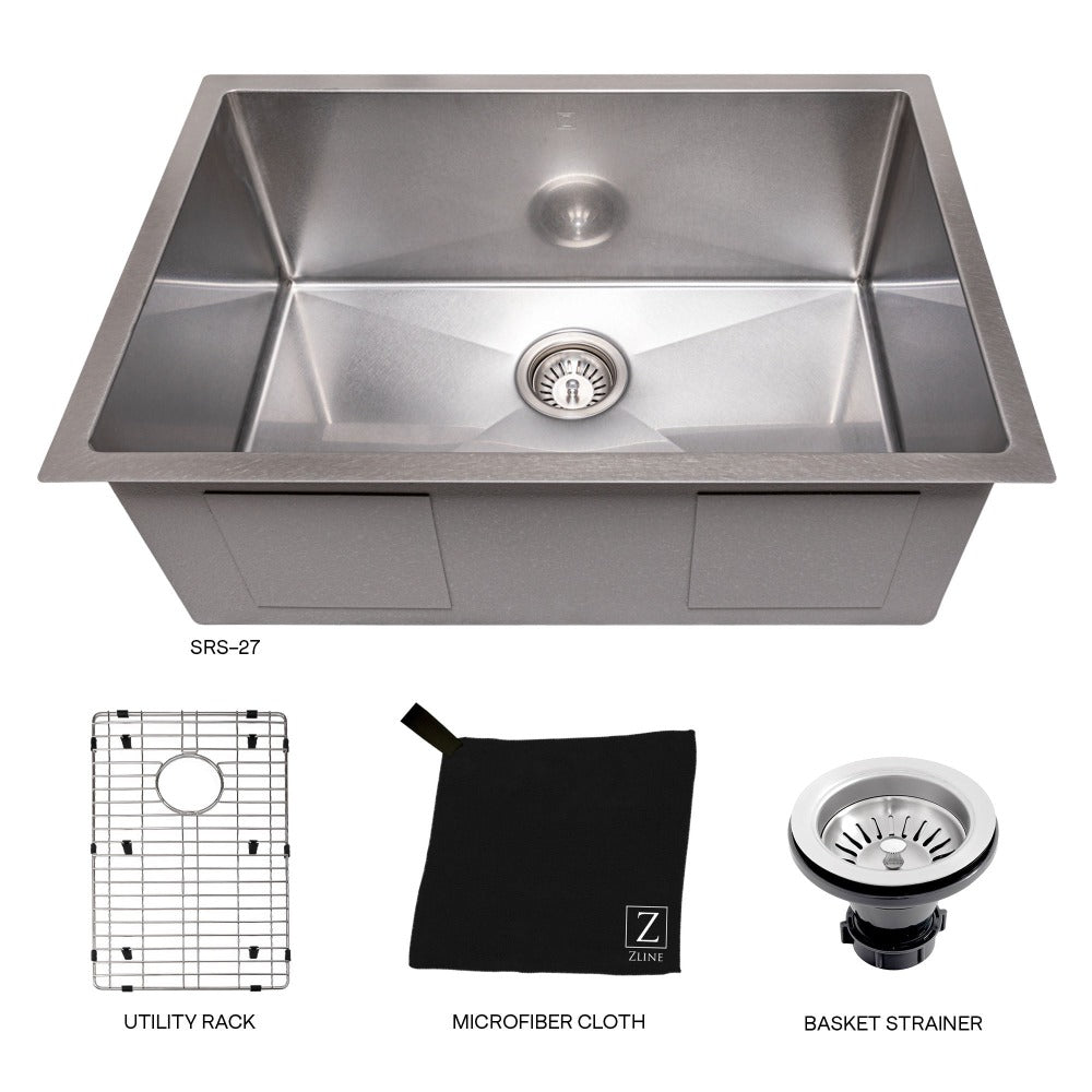 ZLINE Meribel 27-Inch Undermount Single Bowl Stainless Steel Kitchen Sink with Bottom Grid (SRS 27) - Perfect for Modern Kitchens, Dishwashing & Food Prep