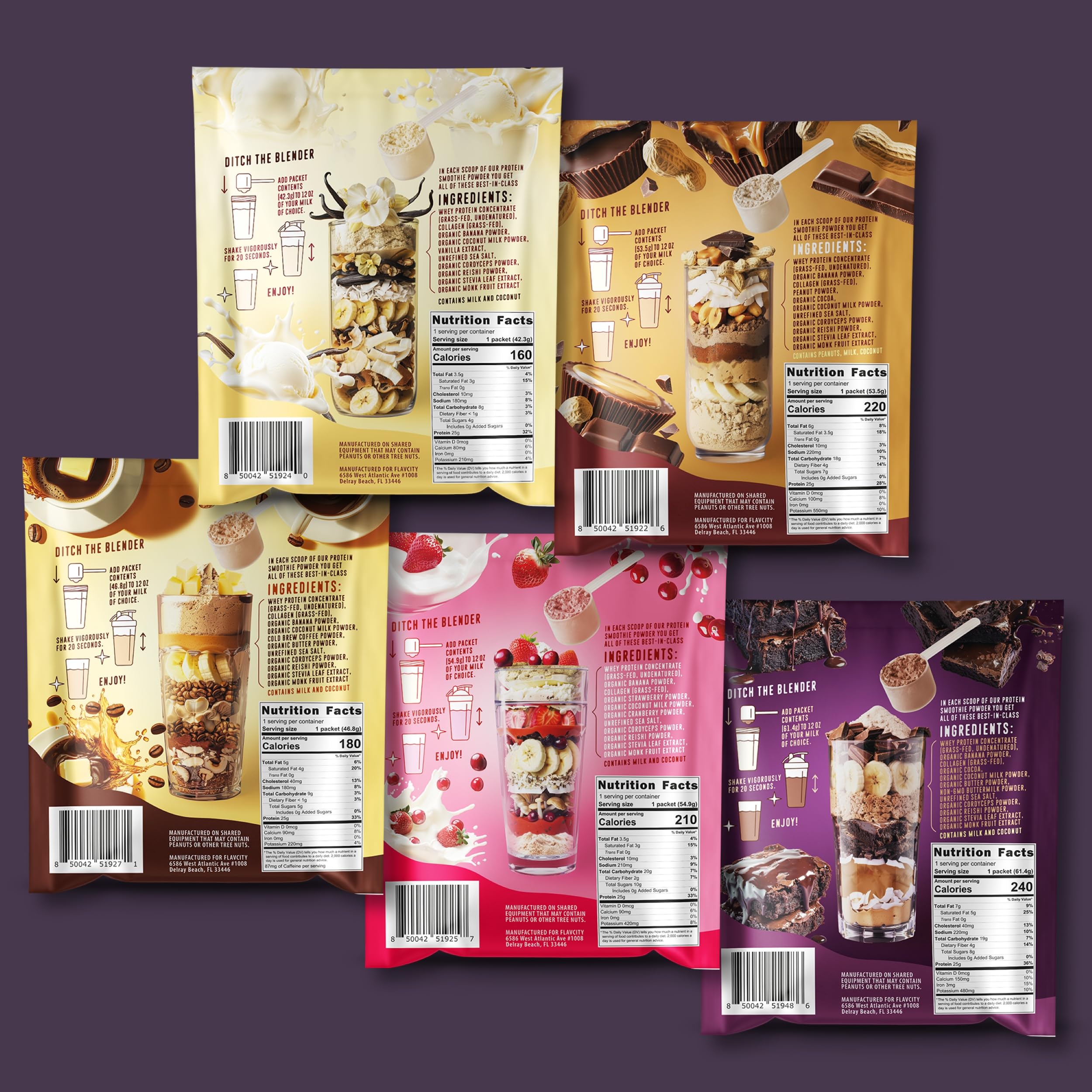 FlavCity All-in-One Protein Smoothie Powder Variety Pack (5 Single Serve Packets) - 100% Grass-Fed Whey Protein with 25g Protein & 10g Collagen - Gluten-Free Pre & Post Workout Drink - Perfect for Gym Recovery, Weight Loss & Healthy Breakfast Smoothies