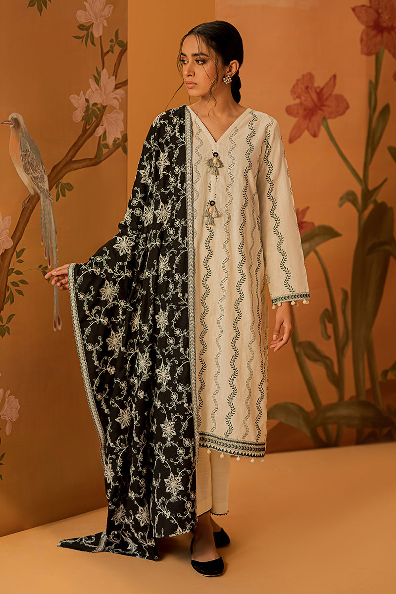 Midnight Leaf 3-Piece Embroidered Khaddar Suit for Women - Traditional Pakistani Outfit for Weddings, Parties & Festive Occasions