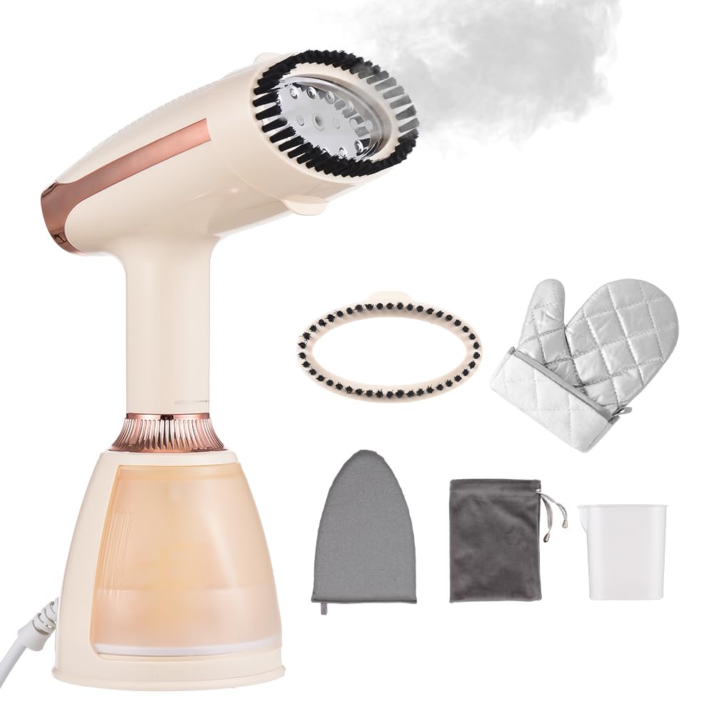 1500W Portable Handheld Clothes Steamer - Fast 20-Second Heat Up, Wrinkle Remover for All Fabrics with Detachable Water Tank & Fabric Brush (Champagne Gold) | Perfect for Travel, Home Use, and Professional Garment Care