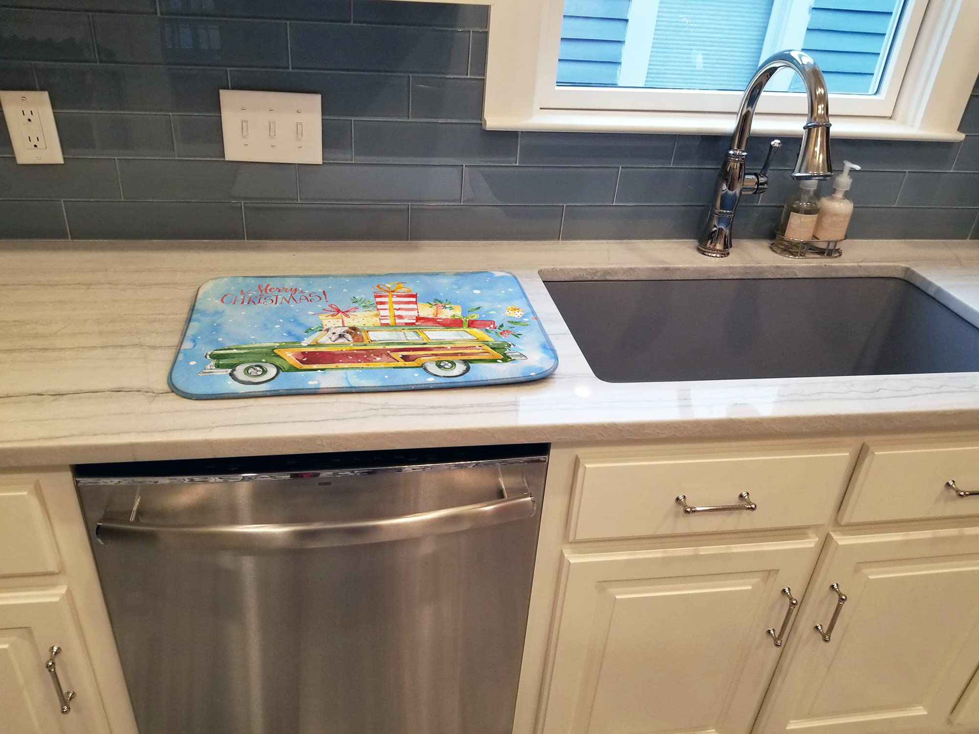 Christmas English Bulldog Dish Drying Mat - Absorbent Kitchen Counter Pad (14x21