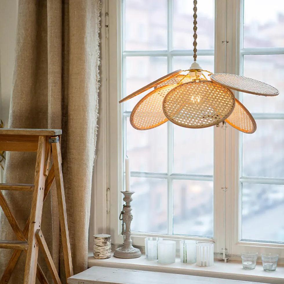Rattan Disc Petal Pendant Light - Boho Chic Ceiling Fixture for Bedroom, Living Room, Dining Room & Porch Lighting Decor
