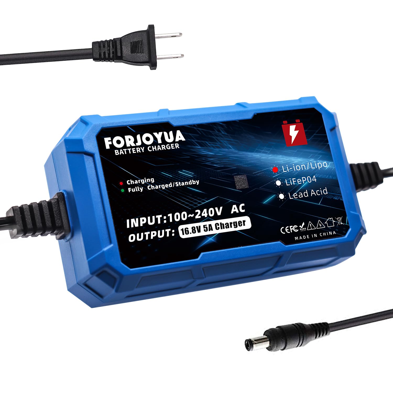 FORJOYUA 16.8V 5A Fast Charger with DC5.5x2.1mm Connector - Compatible with 14.8V 4S Li-ion Battery Packs | Perfect for RC Drones, Power Tools & Electric Scooters