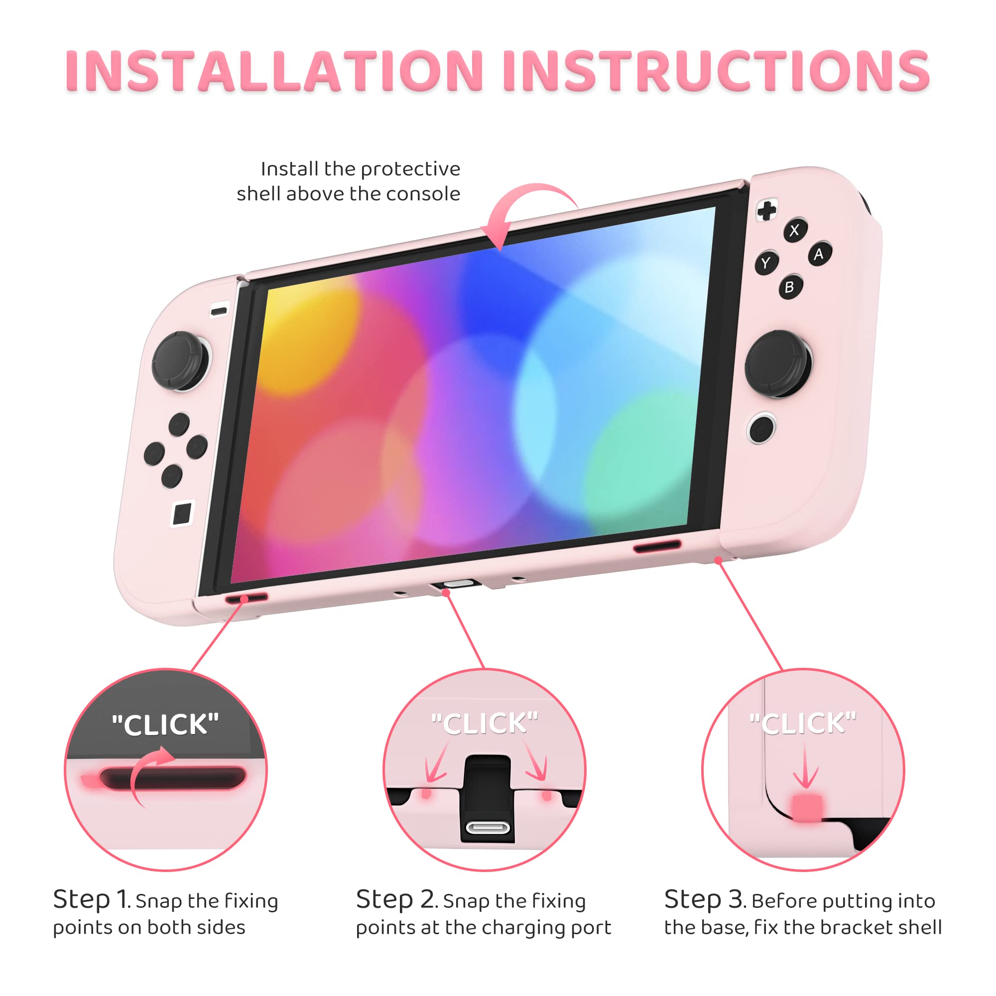 Premium Nintendo Switch OLED Accessories Bundle - Hard Shell Carrying Case with Screen Protector, 4 Thumb Grips & Shoulder Strap for Switch OLED & Joy-Con Controllers (Pink) - Perfect for Travel, Gaming On-The-Go & Console Protection