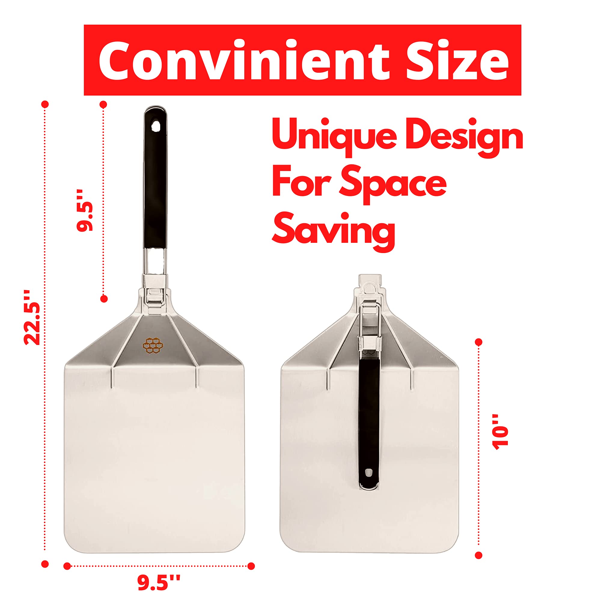 10 Inch Stainless Steel Pizza Peel - Professional Pizza Paddle with Ergonomic Handle & Reinforced Hinges for Wood Fired Oven, Outdoor Grill & Home Kitchen - Perfect for Baking, Serving & Transferring Pizzas