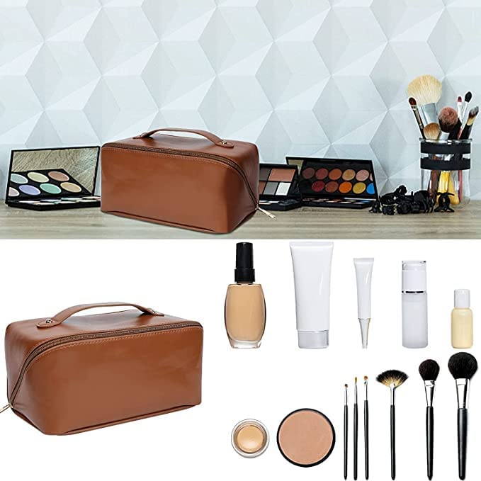 Premium Leather Cosmetic Travel Bag for Women - Large Makeup Organizer with Handle & Dividers, Spacious Wide Opening for Toiletries & Cosmetics - Perfect for Travel, Gym, and Daily Use
