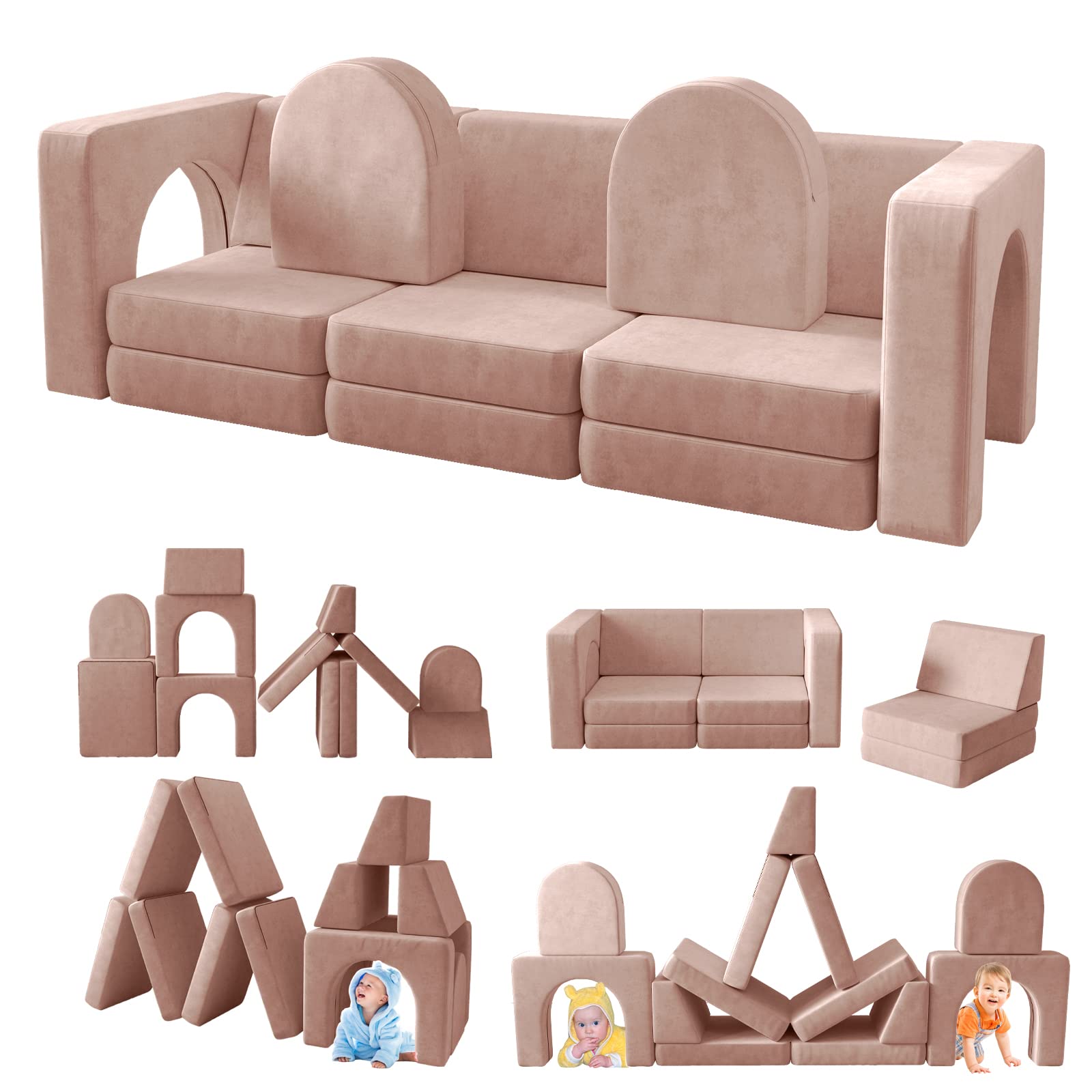 Wanan Kids Couch 12PCS - Modular Play Sofa for Toddlers & Children, 12-in-1 Multifunctional Playroom Furniture for Creative Play, Nap Time & Relaxation - Light Pink Toddler Couch for Boys & Girls - Perfect for Playrooms, Bedrooms & Daycare Centers