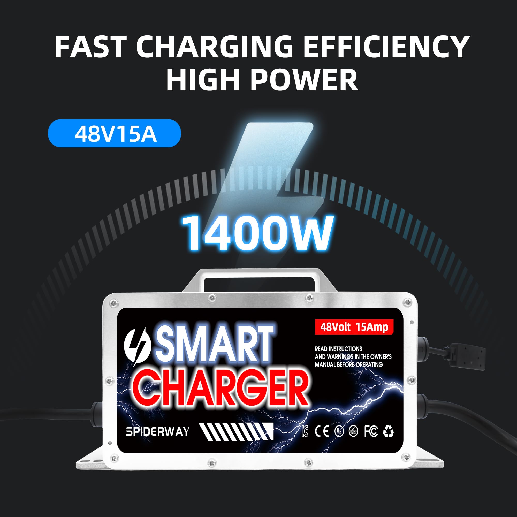 15 AMP 48 Volt Golf Cart Battery Charger - 1400W High Power Fast Charging for EZGO TXT with D-Style Plug | Heavy Duty IP67 Waterproof Lead Acid Battery Charger with Multiple Protection | Perfect for Golf Carts, Utility Vehicles & Outdoor Power Equipment