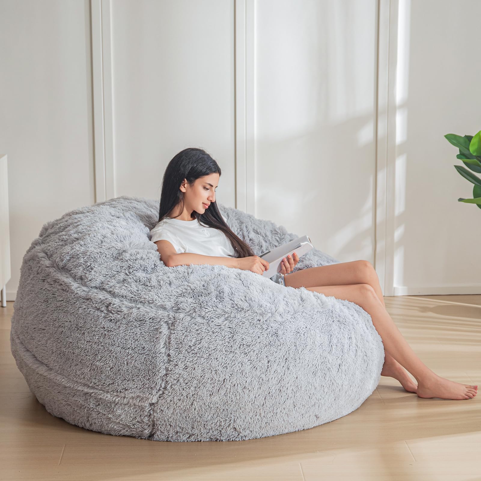 Premium Large Bean Bag Chair - Soft Faux Fur Lounger for Adults & Teens - Comfortable Lazy Sofa for Living Room, Bedroom, Dorm - Grey - Perfect for Relaxing, Gaming & Movie Nights