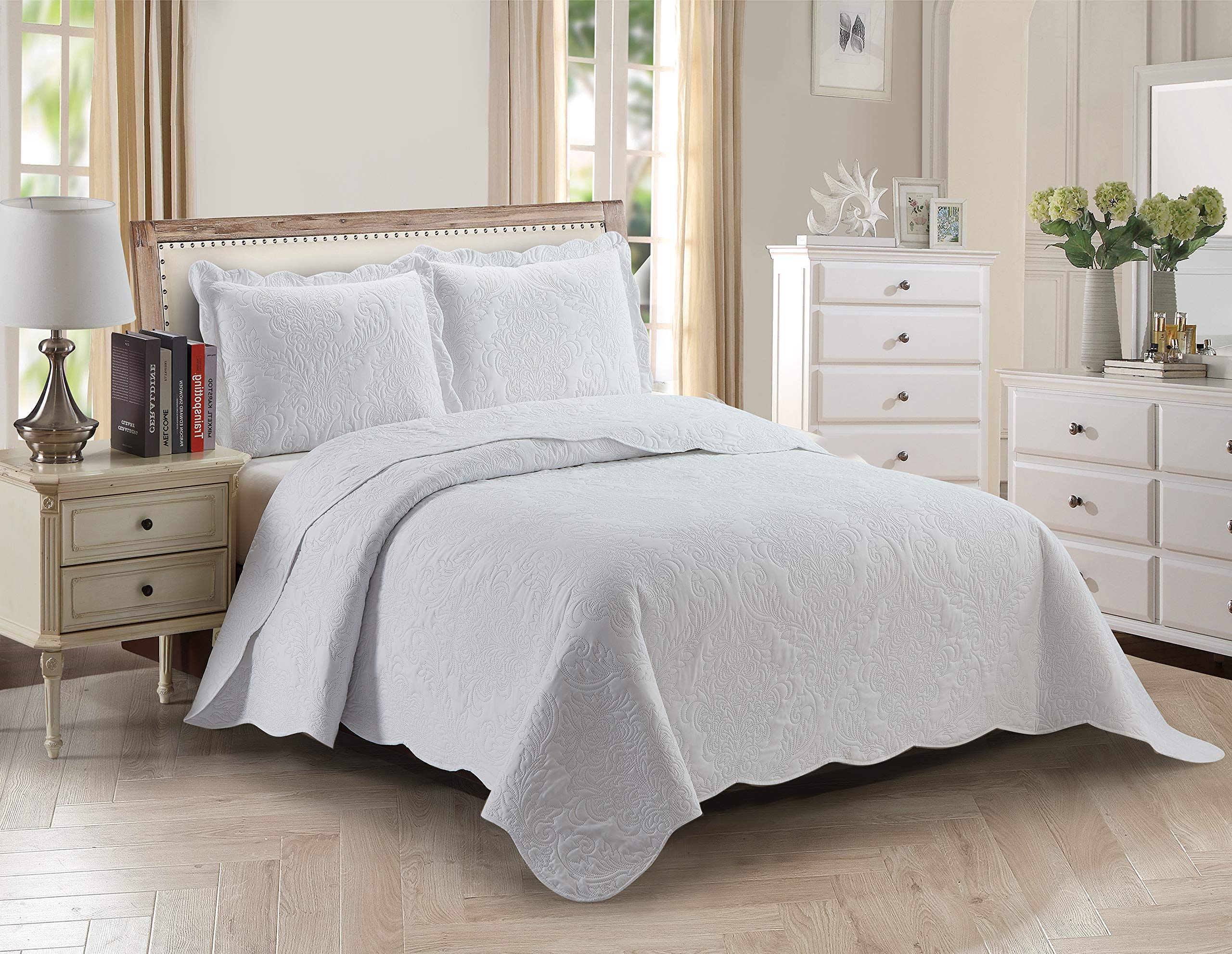 Better Home Style 3-Piece Luxury Floral Ultrasonic Embossed Solid Color Quilt Coverlet Bedspread Set - Oversized Full/Queen Size for Cozy Bedroom Decor (White) | Perfect for Master Bedrooms, Guest Rooms & Airbnb Styling