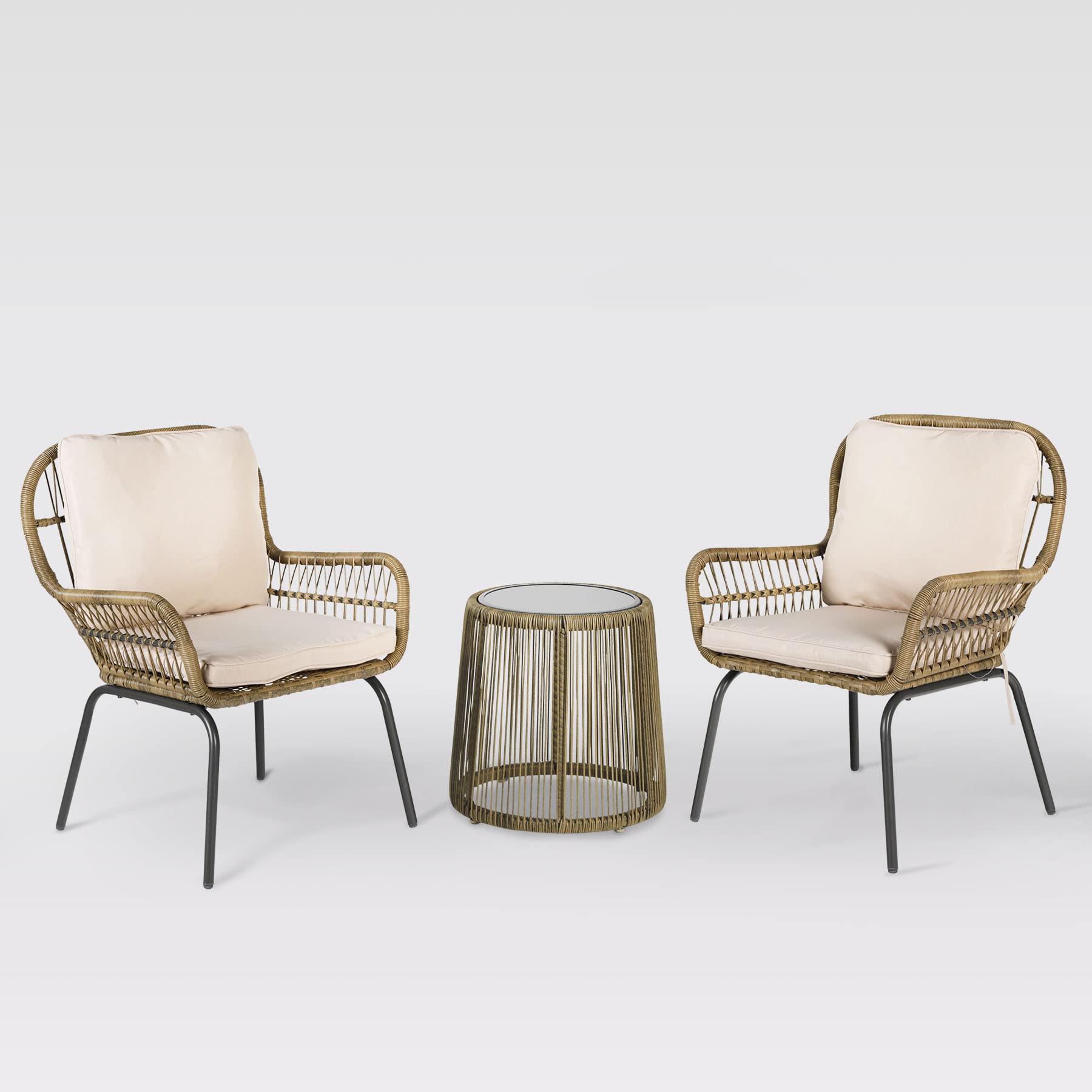 3-Piece Patio Wicker Conversation Chair Set with Table & Cushions - Outdoor Furniture for Porch, Backyard, Garden - Beige - Perfect for Relaxing, Entertaining Guests, and Enjoying Outdoor Spaces