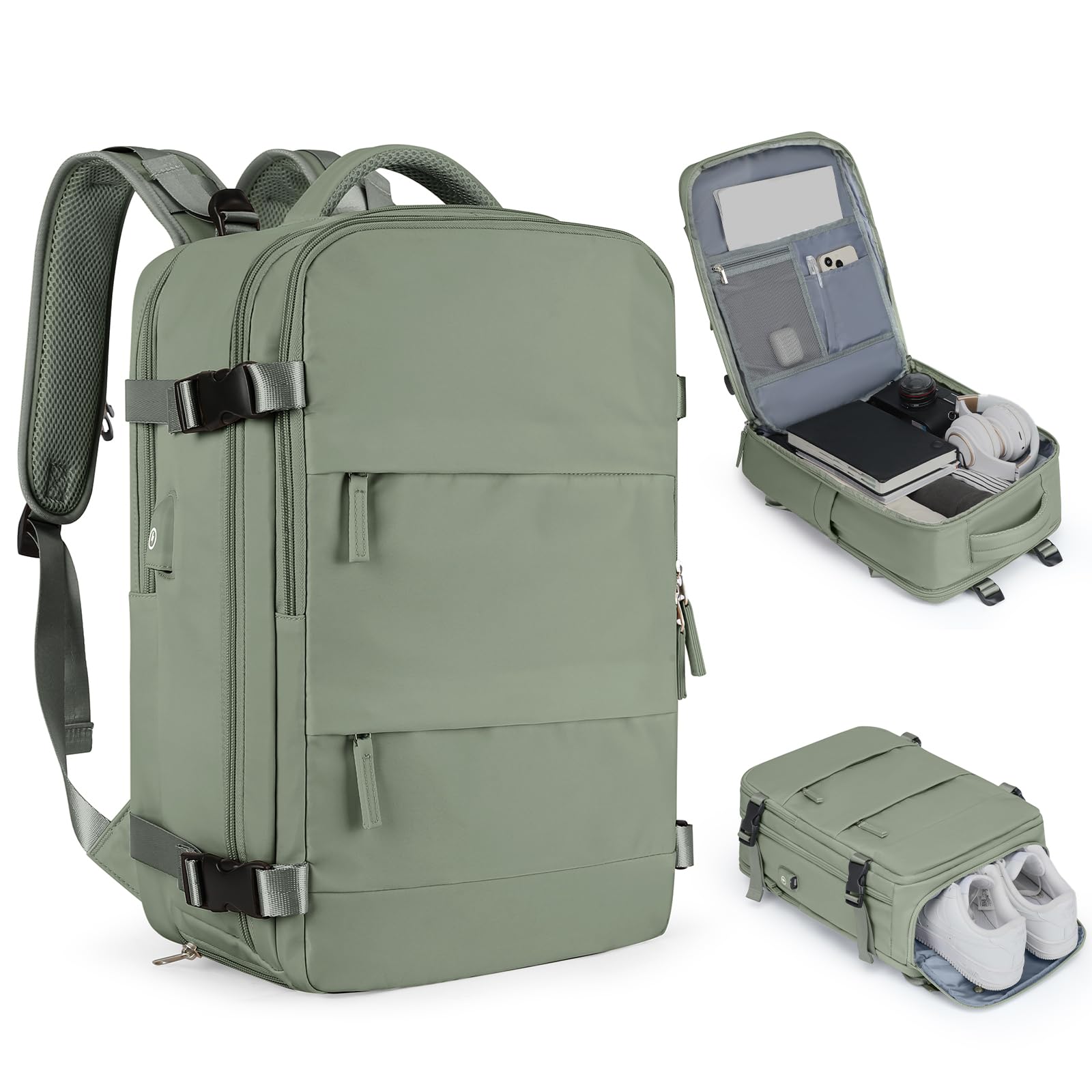 Coofay Airline Approved Carry On Backpack for Women & Men - Waterproof Travel Backpack, Lightweight Hiking Daypack, Casual Sports Luggage (Grey Green) - Perfect for Flights, Commuting, Outdoor Adventures & Daily Use