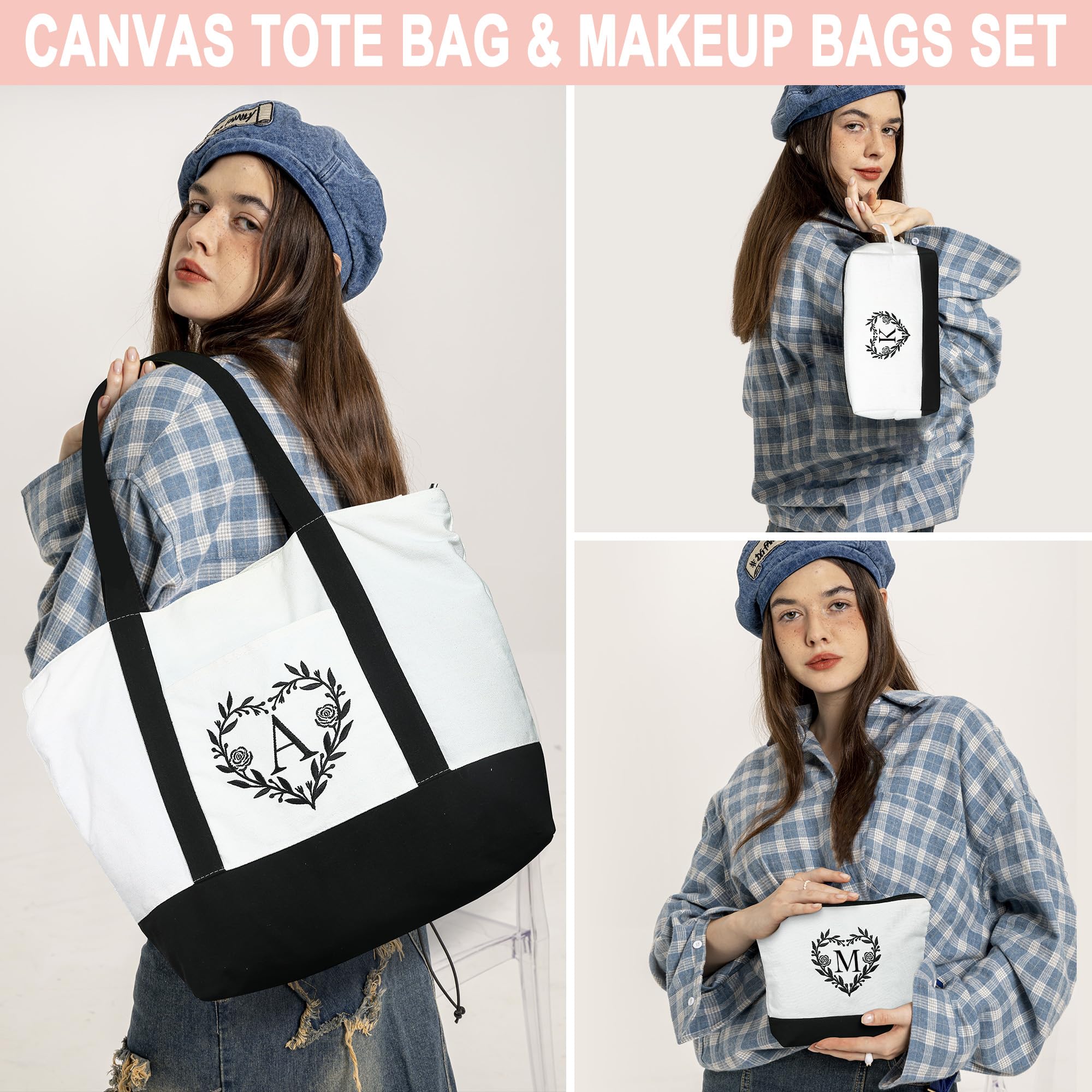 YOOLIFE Personalized Initial Tote Bag & Makeup Bag Set - Christmas Birthday Gifts for Women, Mom, Teacher, Friend, Daughter | Perfect for Travel, Work, School & Everyday Use