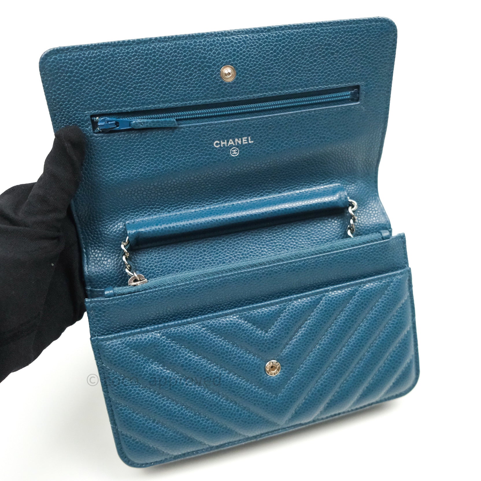 Chanel Chevron Wallet on Chain WOC - Blue Caviar Leather with Silver Hardware | Luxury Crossbody Bag for Women, Perfect for Evening Events & Daily Use