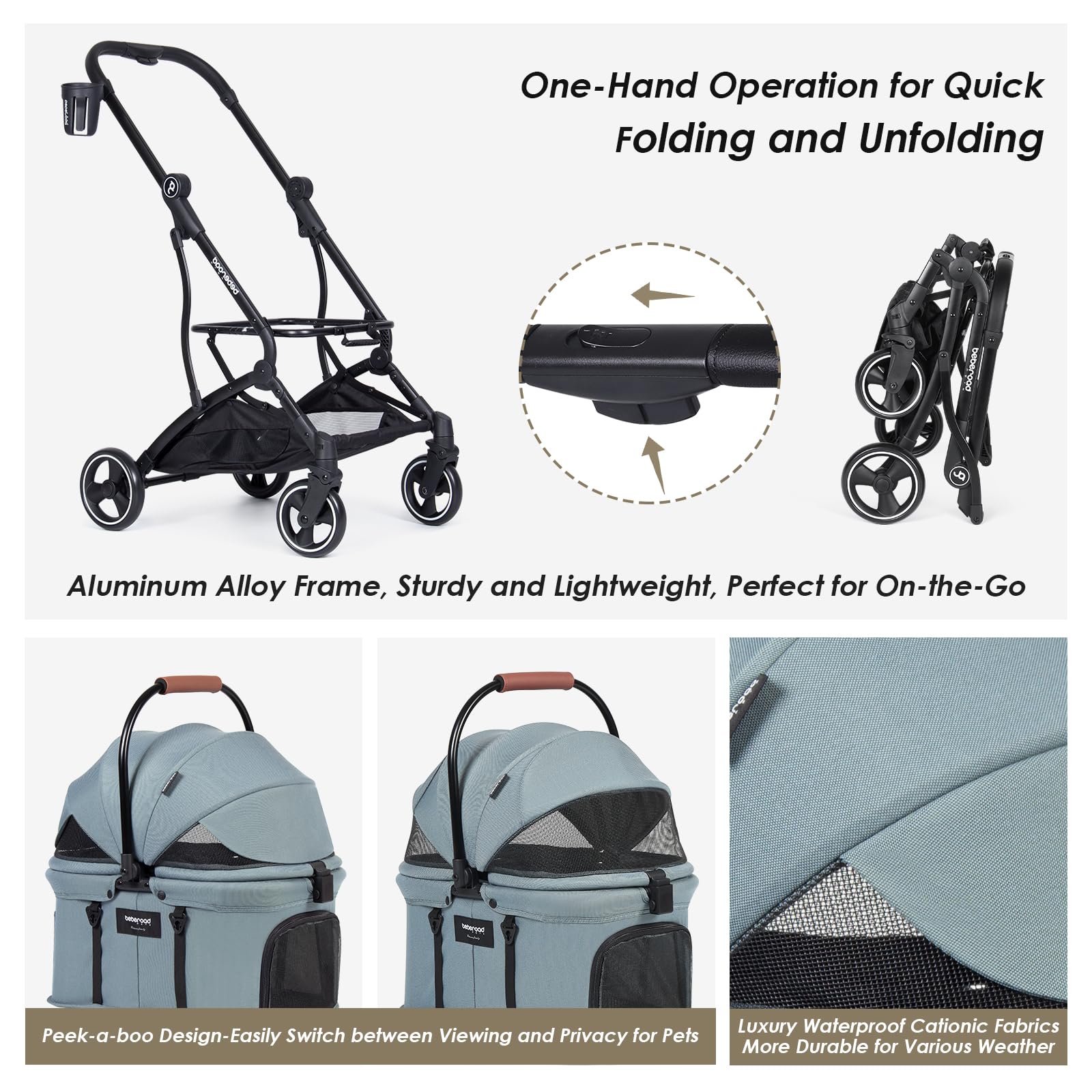 T3 3-in-1 Small Pet Stroller for Dogs & Cats - 4-Wheel Lightweight Folding Design with Removable Carrier, Cushioned Pad, Canopy & Cup Holder - Perfect for Park Walks, Vet Visits & Shopping Trips (Green)