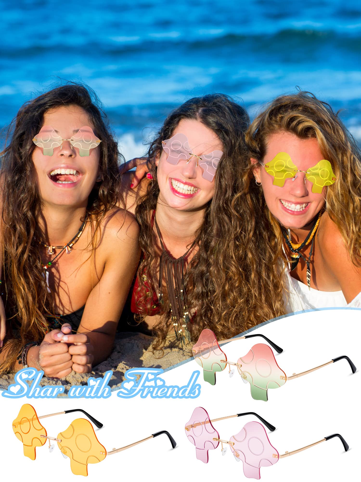 Dunzy 6 Pairs Retro Trendy Mushroom Sunglasses - Rimless Transparent Sun Glasses for Women & Men | Perfect for Beach, Driving, and Fashion Outfits