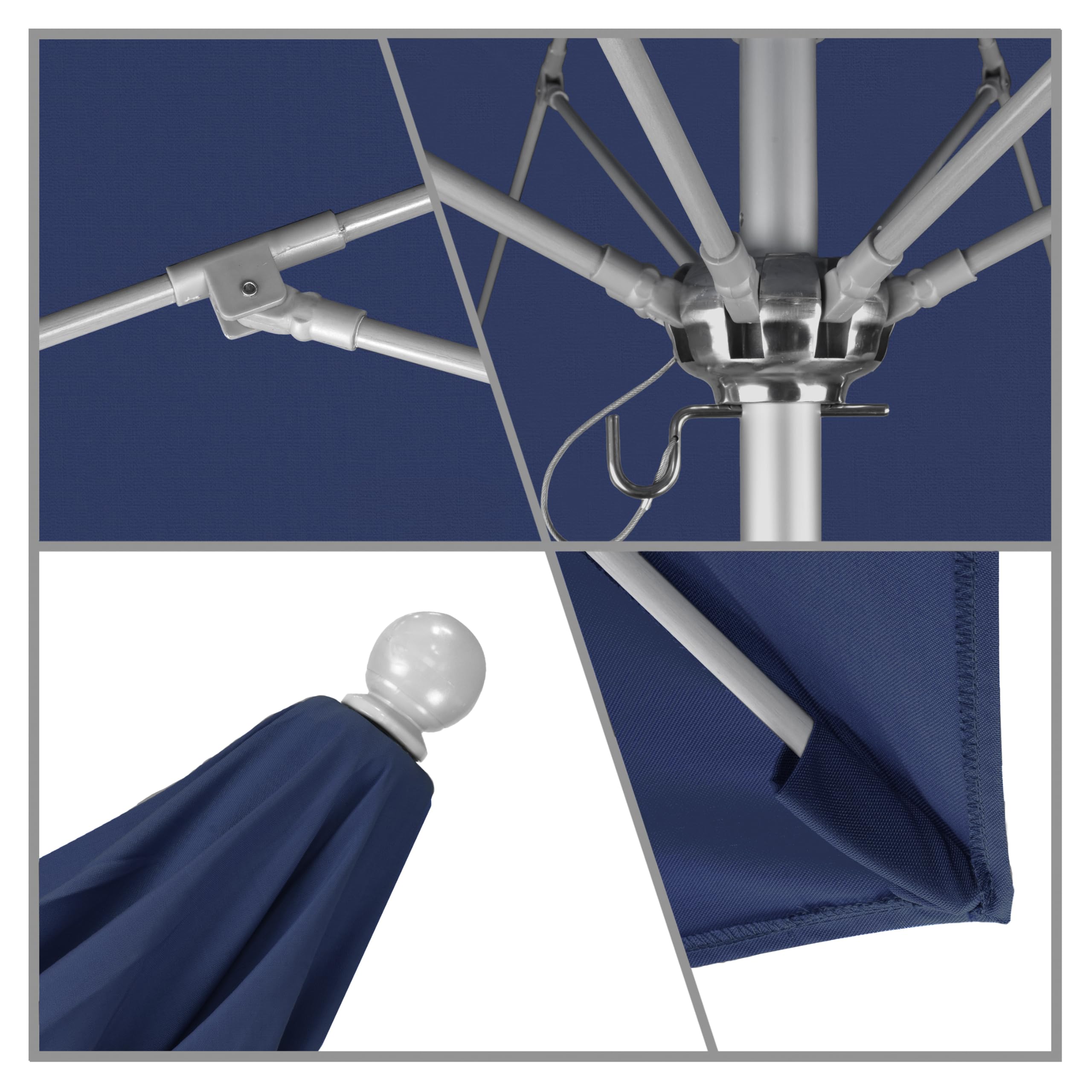 7.5' Round California Venture Series Commercial Patio Umbrella - Push Button Open with Pin Stop - Silver Aluminum Frame & Sunbrella True Blue Fabric - Perfect for Outdoor Dining, Poolside Lounging & Backyard Shade