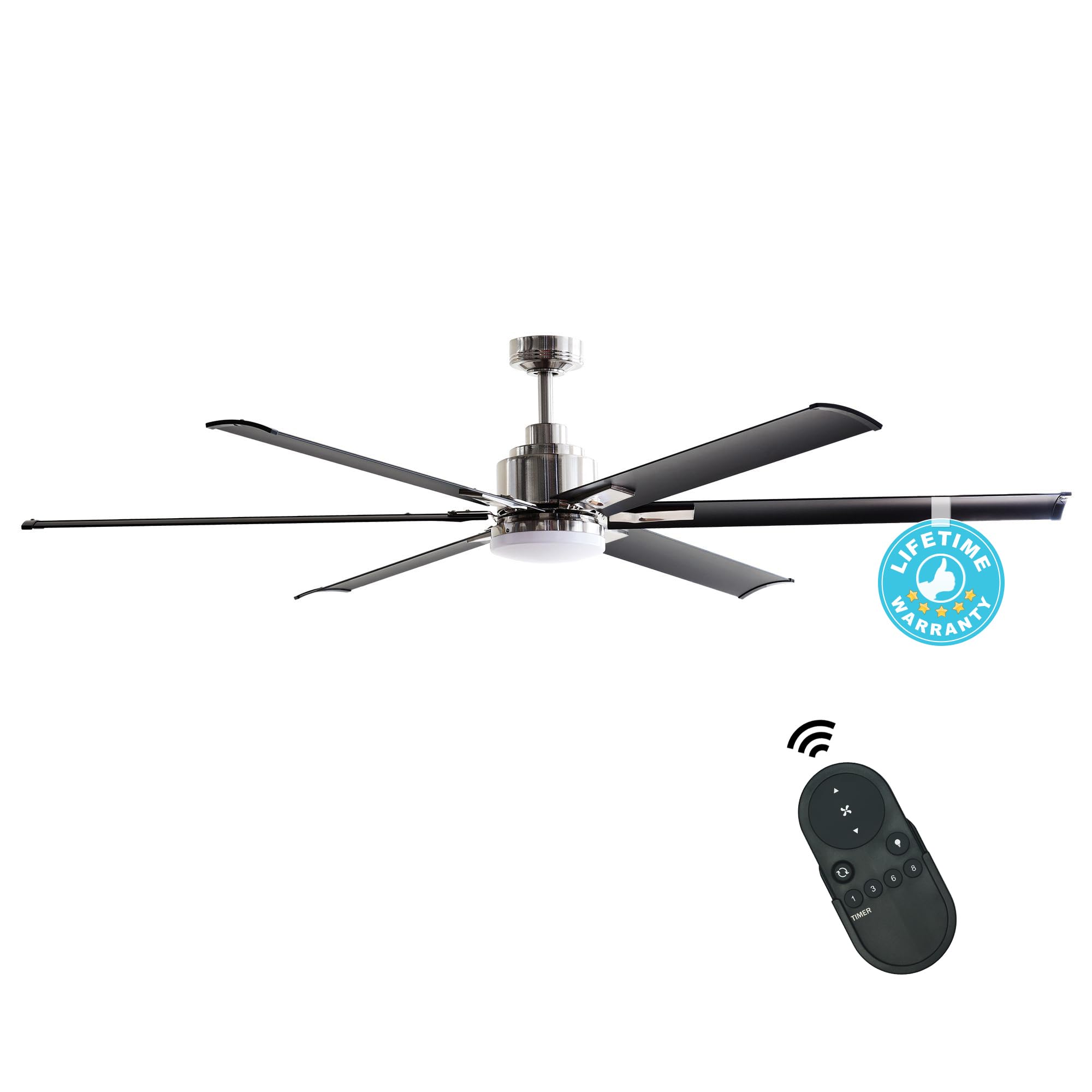 72 Inch Industrial Ceiling Fan with LED Lights and Remote Control - Brushed Chrome DC Motor Reversible 6-Blade Fan for Living Room, Bedroom, Patio & Outdoor Use - Perfect for Home Cooling and Stylish Lighting