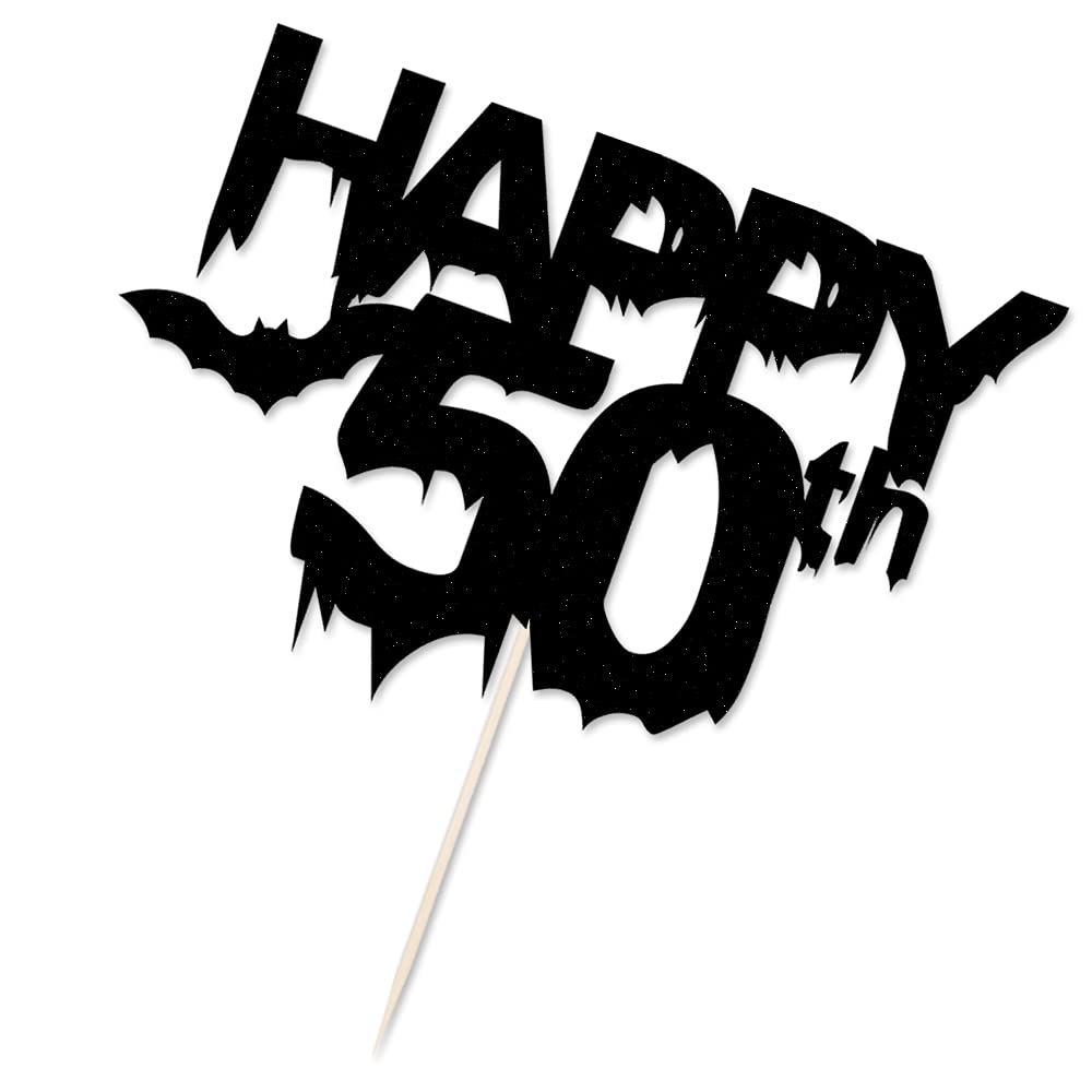 Black Glitter Happy 50th Birthday Cake Topper - Elegant 50th Birthday Cake Decoration for Halloween, Wedding & Anniversary Parties - Perfect for Bat-Themed Celebrations and Special Occasions