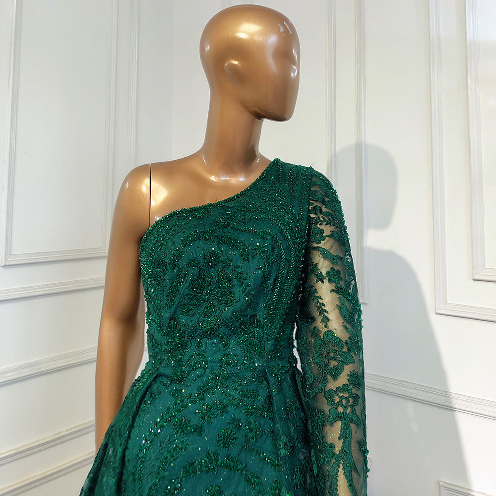 Elegant Beaded One Shoulder Mermaid Evening Gown with Overskirt - Serene Hill Green Luxury Dress for Women 2025 - Perfect for Prom, Gala, Wedding & Formal Parties (LA71607)