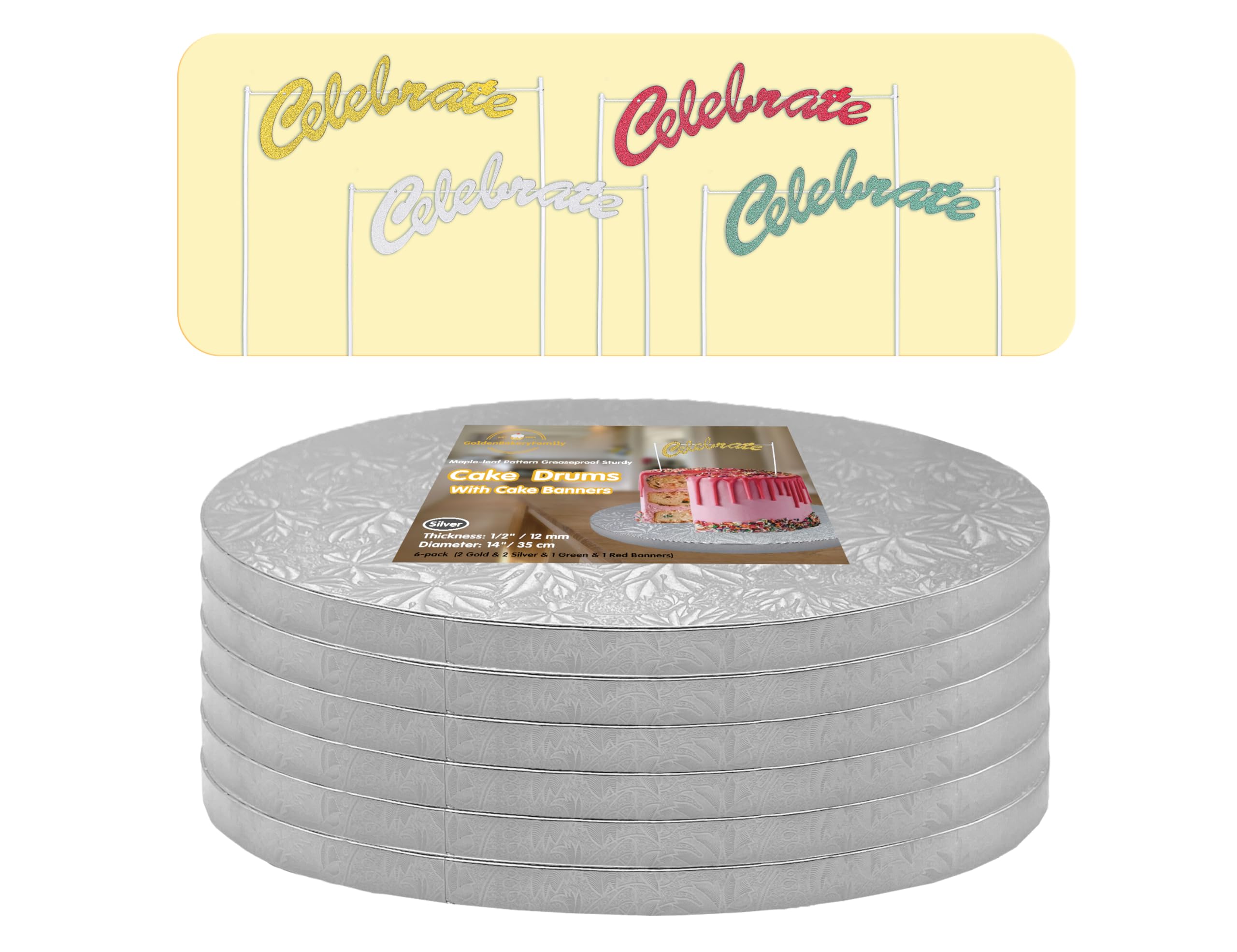 14 Inch Silver Cake Drums (6-Pack) - 1/2 Inch Thick Round Cake Boards with Banner Topper, Greaseproof & Sturdy for Multi-Tiered Cakes - Perfect for Birthday, Wedding, and Anniversary Celebrations by GoldenBakeryFamily