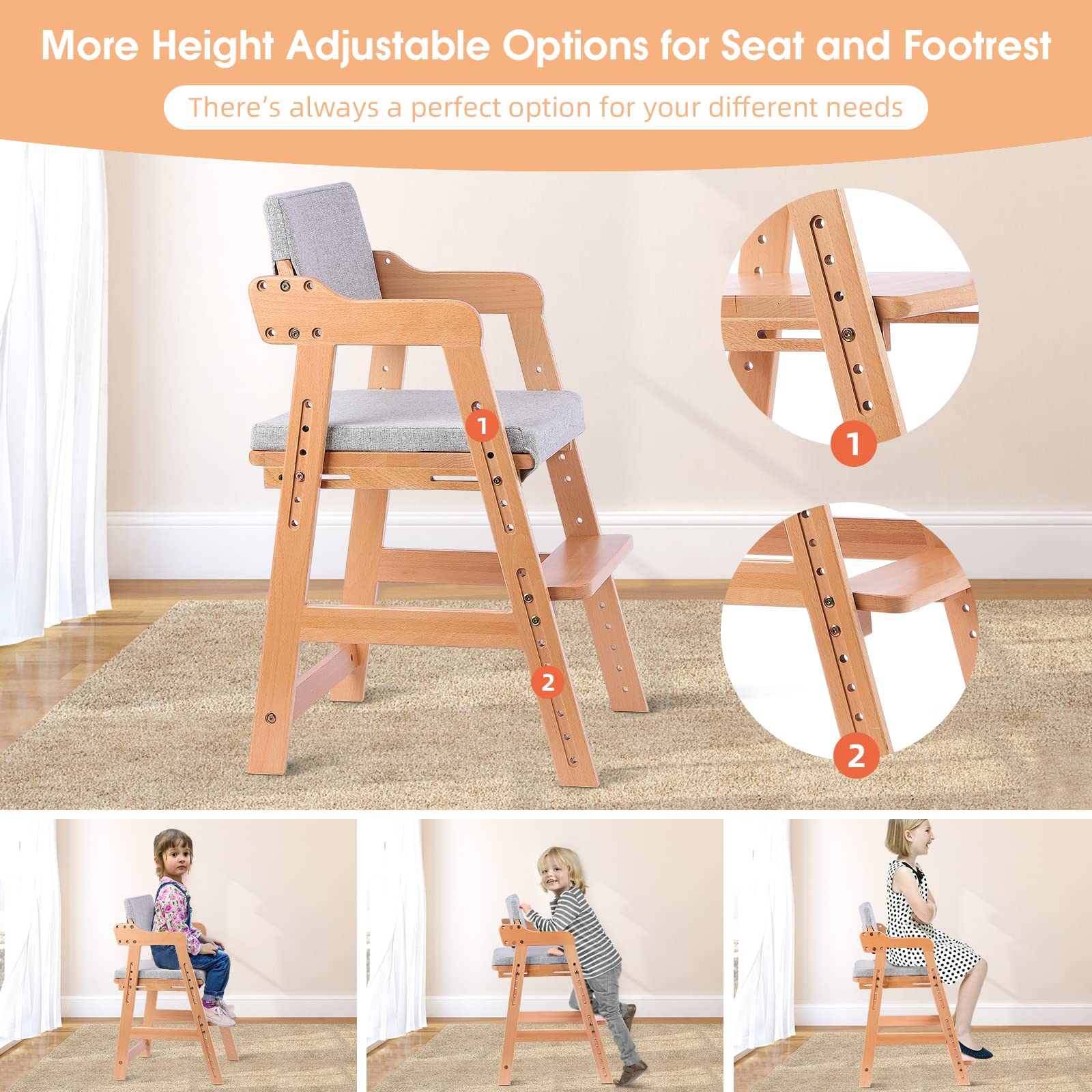 Ezebaby Adjustable Wooden High Chair for Toddlers to Teens - Kids Study & Dining Chair with Removable Cushion & Steps - Natural Wood Color - Perfect for Homeschooling, Mealtime & Playroom