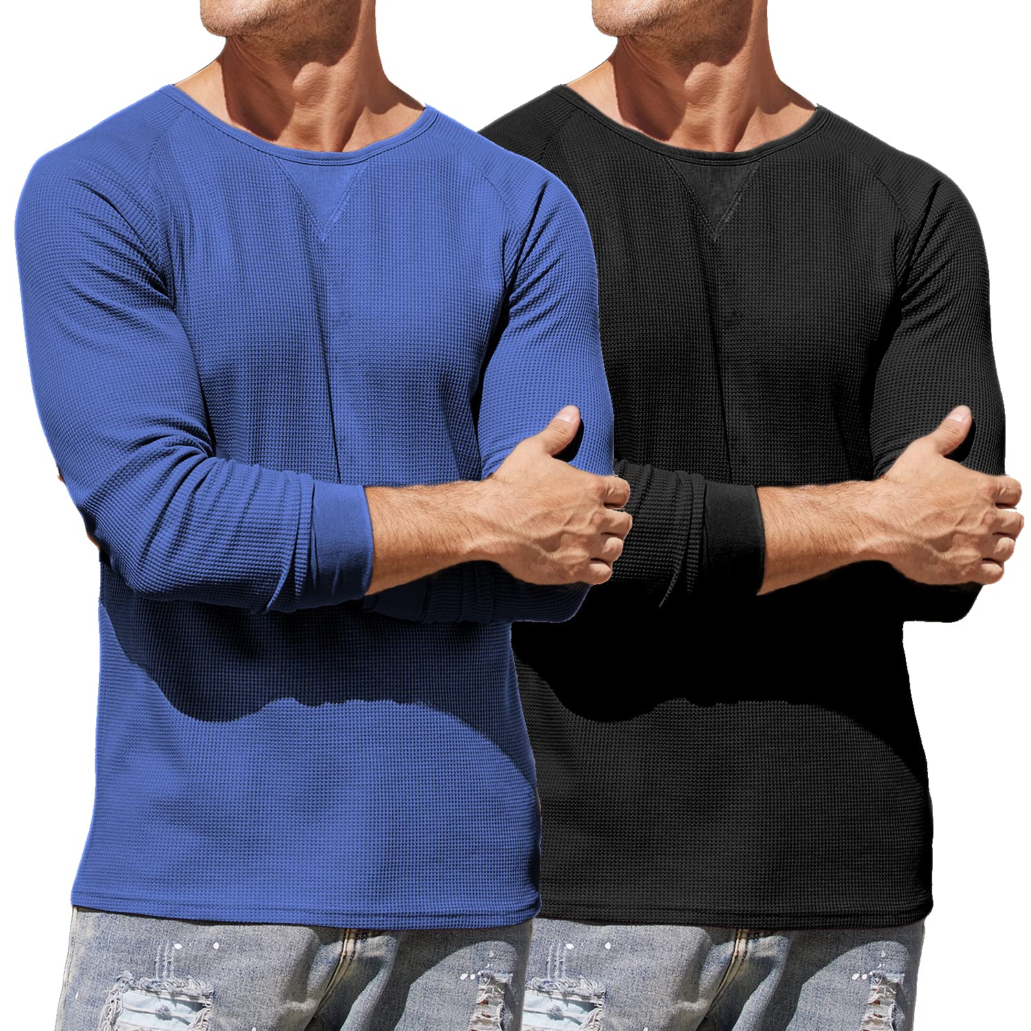 COOFANDY Men's 2 Pack Long Sleeve Waffle Knit Cotton T-Shirts - Casual Crew Neck Pullover Tops for Fall & Winter Layering, Workwear & Everyday Comfort