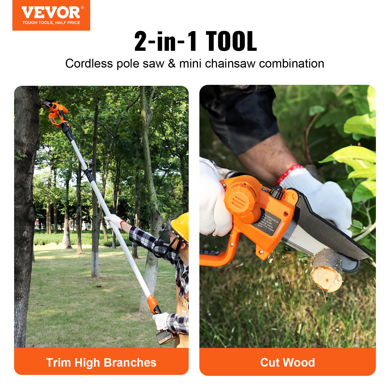 VEVOR 20V 4Ah Cordless Pole Saw & Mini Chainsaw 2-in-1 Combo Kit - 5-inch Chainsaw with 14-Foot Extendable Pole for Tree Trimming, Wood Cutting, and Garden Maintenance (Includes Battery & Blade Cover) - Perfect for Landscaping, Yard Work, and DIY Home Projects
