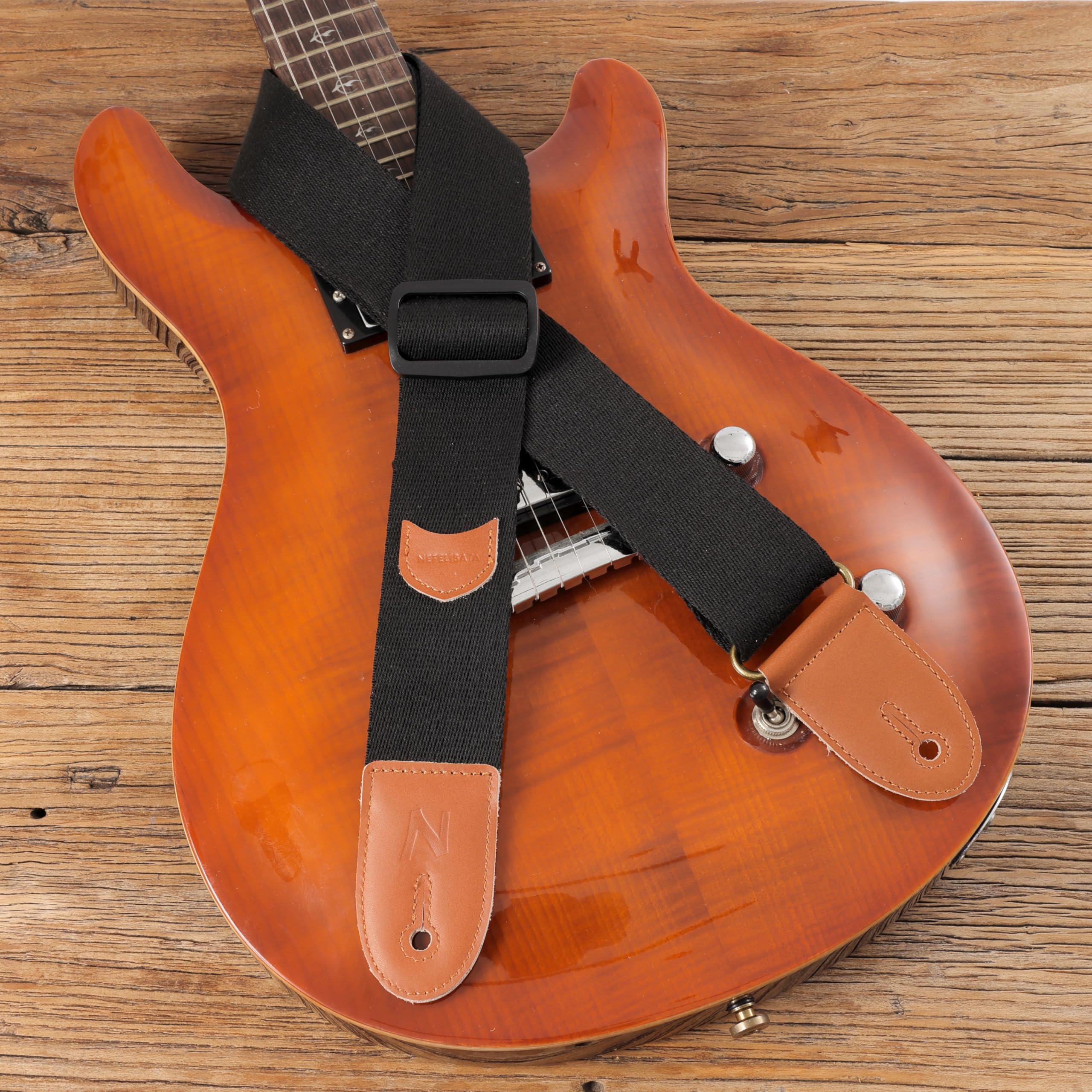 Premium Nefelibata Guitar Strap - 100% Cotton with Full Grain Leather Ends for Bass, Electric & Acoustic Guitars - Includes Pick Pocket, Free Strap Button, 1 Pair Strap Locks & 4 Guitar Picks (Black) - Perfect for Live Performances, Studio Recording & Practice Sessions