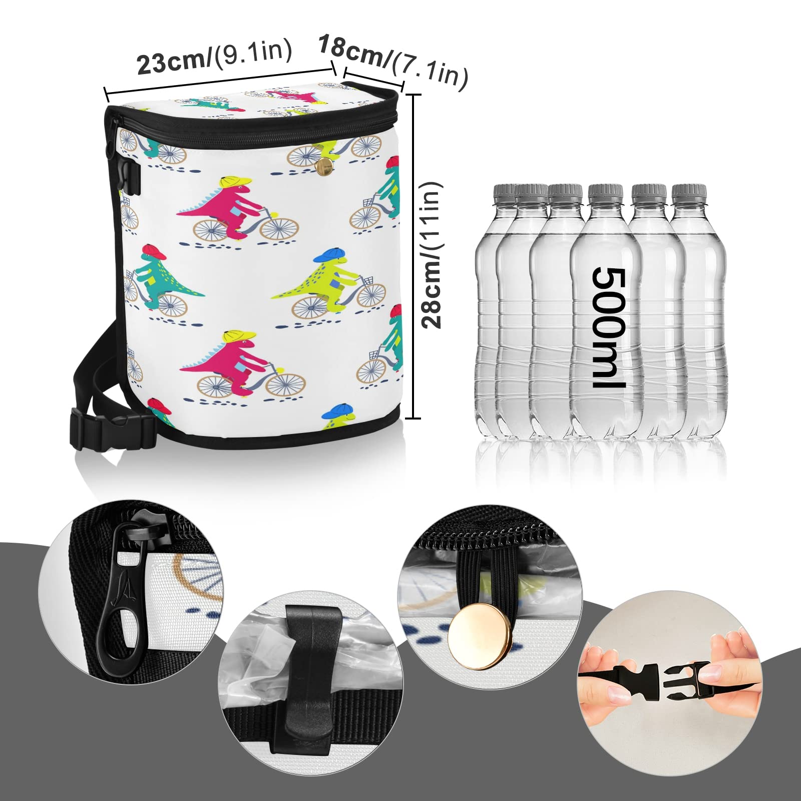 Tarity Leak-Proof Car Trash Can with Aluminum Film - Waterproof Car Garbage Bin & Multi-Purpose Organizer Storage Bag - Hanging Car Trash Bag for Vehicles - Cartoon Dinosaur White - Perfect for Road Trips, Commuting & Keeping Your Car Clean