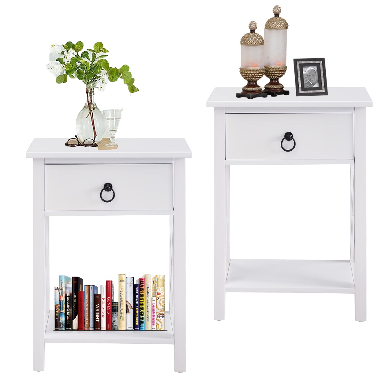 Compact 1.8ft Wooden Nightstand Set of 2 with Drawer - Space-Saving Bedside Tables for Small Bedrooms - White Modern Nightstands for Bedroom Decor - Perfect for Apartment Living, Dorm Rooms & Guest Rooms
