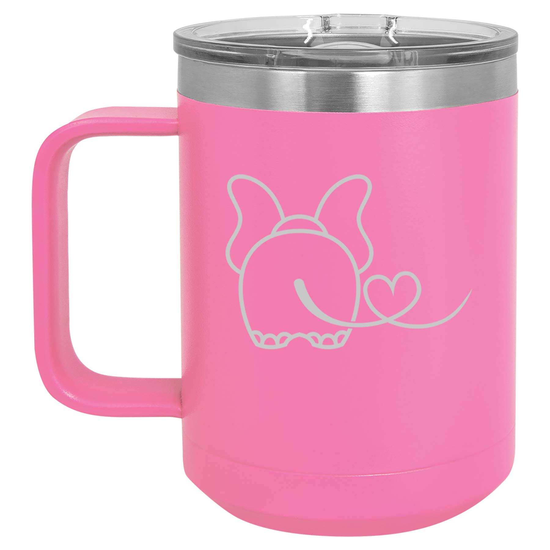 15 oz Vacuum Insulated Stainless Steel Tumbler with Handle & Lid - Elephant in Love Design (Hot Pink) - Perfect Travel Coffee Mug for Commuting, Camping & Office Use