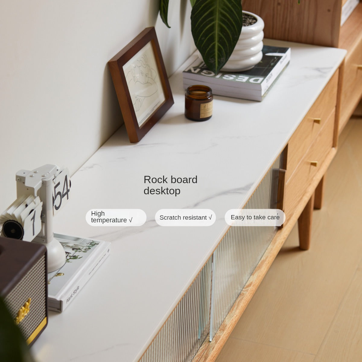 Solid Oak Wood Modern Storage Cabinet with Rock Plate - Stylish Home Organization for Living Room, Bedroom & Office