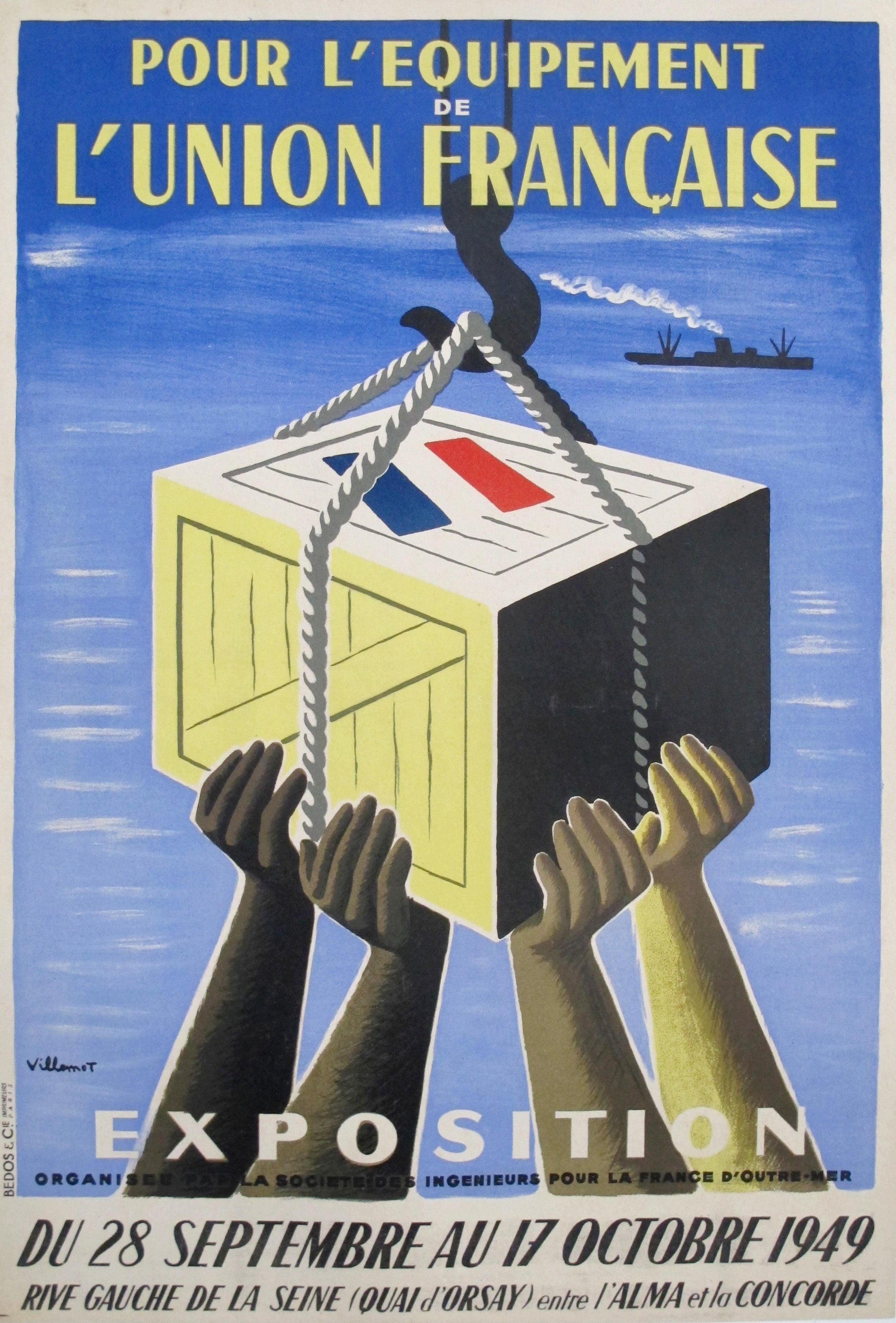1949 Original French Exhibition Poster 'Pour l'Équipement de l'Union Française' by Villemot - Vintage French Advertising Art for Home Decor & Office Wall Art