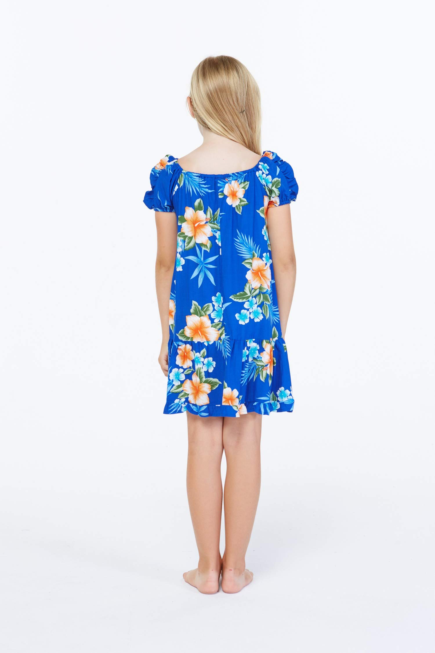 Hawaiian Luau Matching Outfits for Mother and Daughter - Off-Shoulder Top & Floral Muumuu Dress in Hibiscus Blue | Tropical Beach Party, Family Vacation, Summer Photoshoot