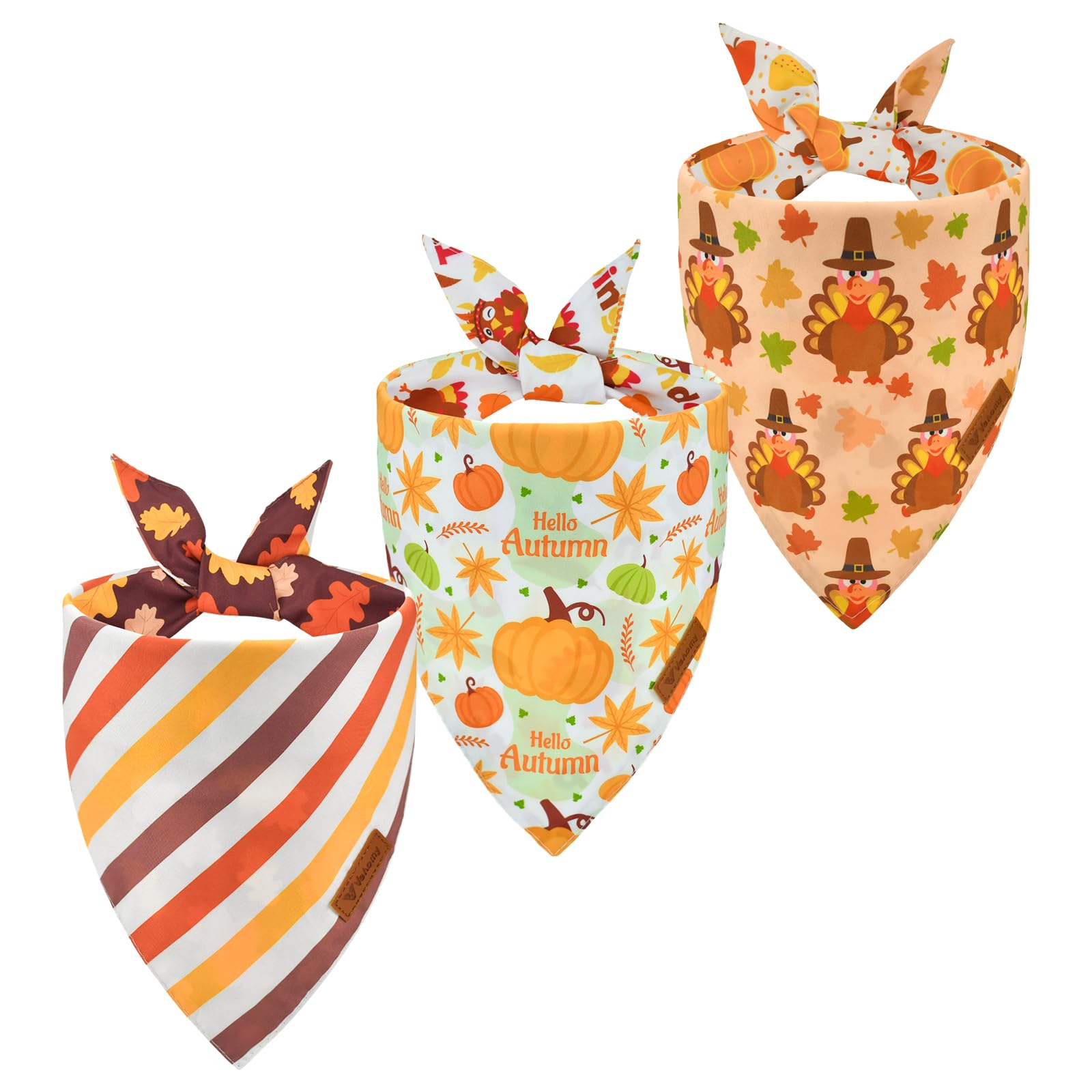 Vehomy 3-Pack Thanksgiving Dog Bandanas - Reversible Pet Turkey Bandana with Autumn Patterns (Turkey, Maple Leaves, Pumpkins) for Small Medium Large Dogs & Cats - Perfect for Thanksgiving, Fall Festivals & Holiday Pet Photos