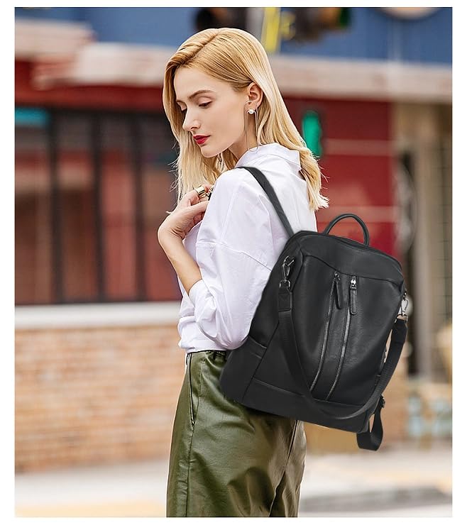 BROMEN Women's Leather Backpack Purse - Anti-Theft Laptop Bookbag with Shoulder Strap, Fashionable Handbag for Work, Travel & College (Black)