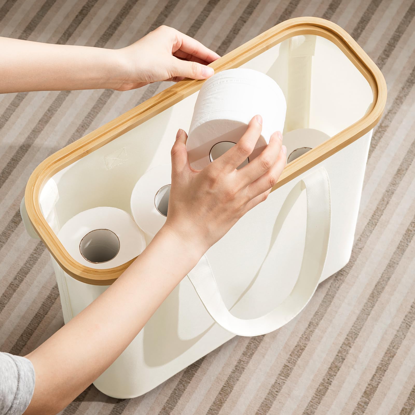 30L Bamboo Toilet Paper Storage Basket with Lid & Handle - Bathroom Tissue Organizer for 12-16 Rolls, Free Standing Toilet Paper Holder Stand - Perfect for Bathroom, Laundry Room, or Closet Storage Organization