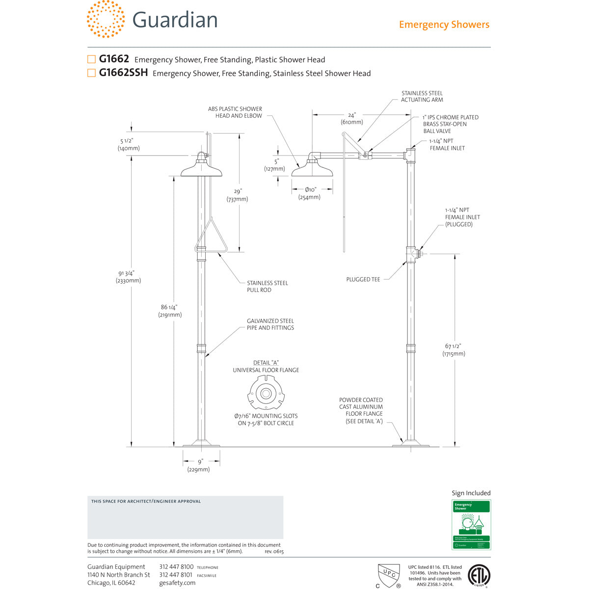Guardian G1662 Free Standing Emergency Drench Shower with Plastic Head - ANSI Compliant Safety Equipment for Laboratories & Industrial Workplaces