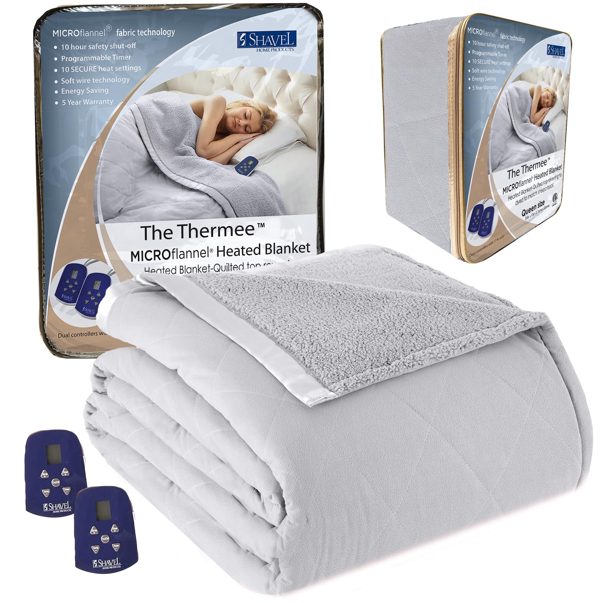 Thermee Micro Flannel Heated Blanket with Sherpa Back - 10 Heat Settings Electric Blanket Queen Size, Programmable Fast Heating Throw - Ultra Soft Thermal Blanket for Bed, Couch & Office - Slate Grey