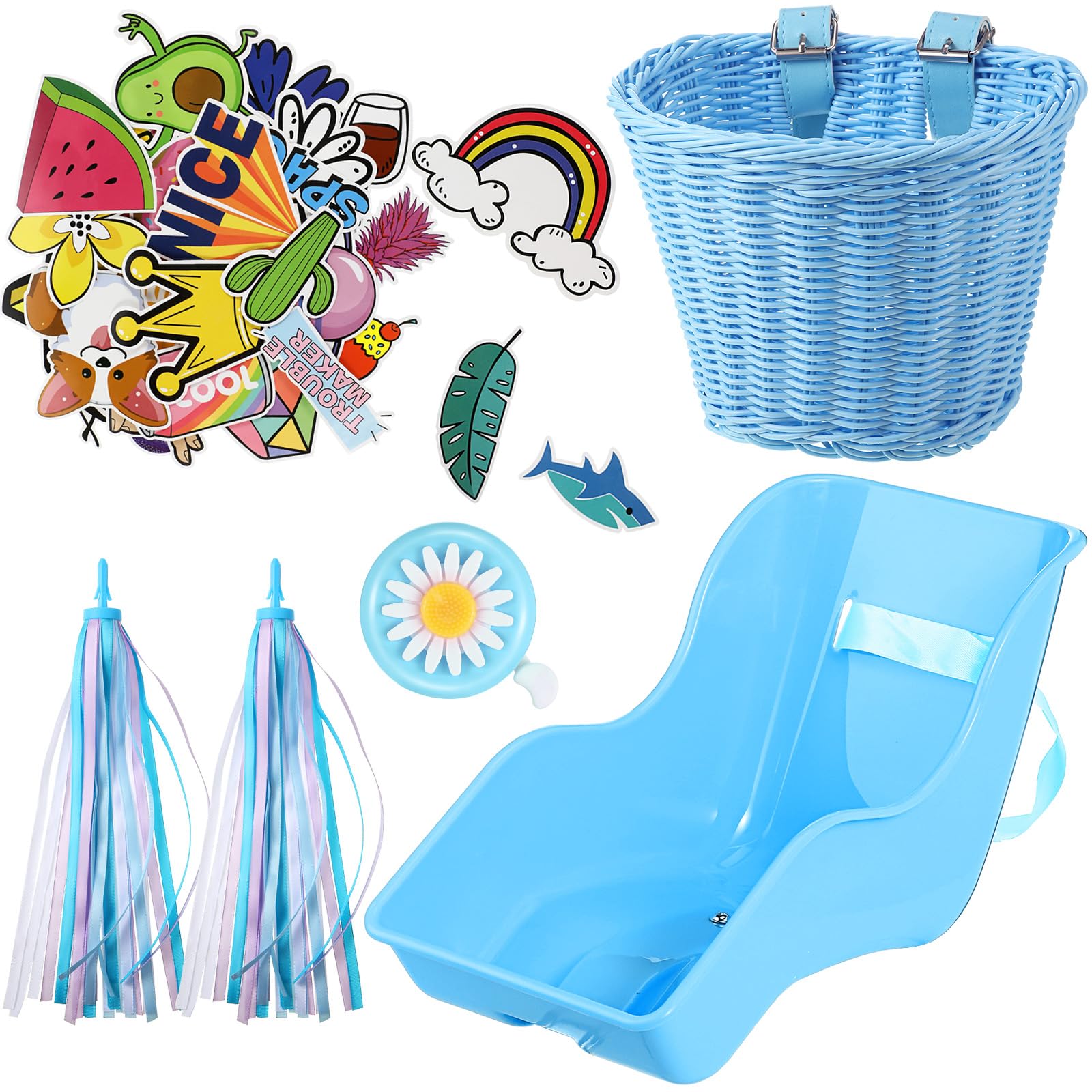 **Colorful Kids Bike Accessories Set - Doll Bike Seat, 30 Pcs Stickers, Basket, Handlebar Streamers, Ribbons & Daisy Bell - Perfect Gift for Girls & Boys (Christmas, Birthday, Outdoor Play)**    *(Optimized for Google SEO with keywords like 