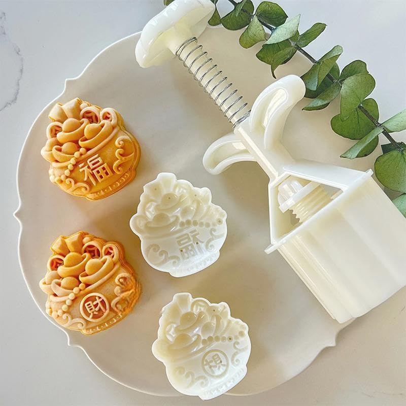 Mooncake Press Mold for DIY Handmade Mooncakes - 2 Treasure Bowl Stamps Included | Traditional Chinese Pastry Maker for Mid-Autumn Festival Baking & Gift Making