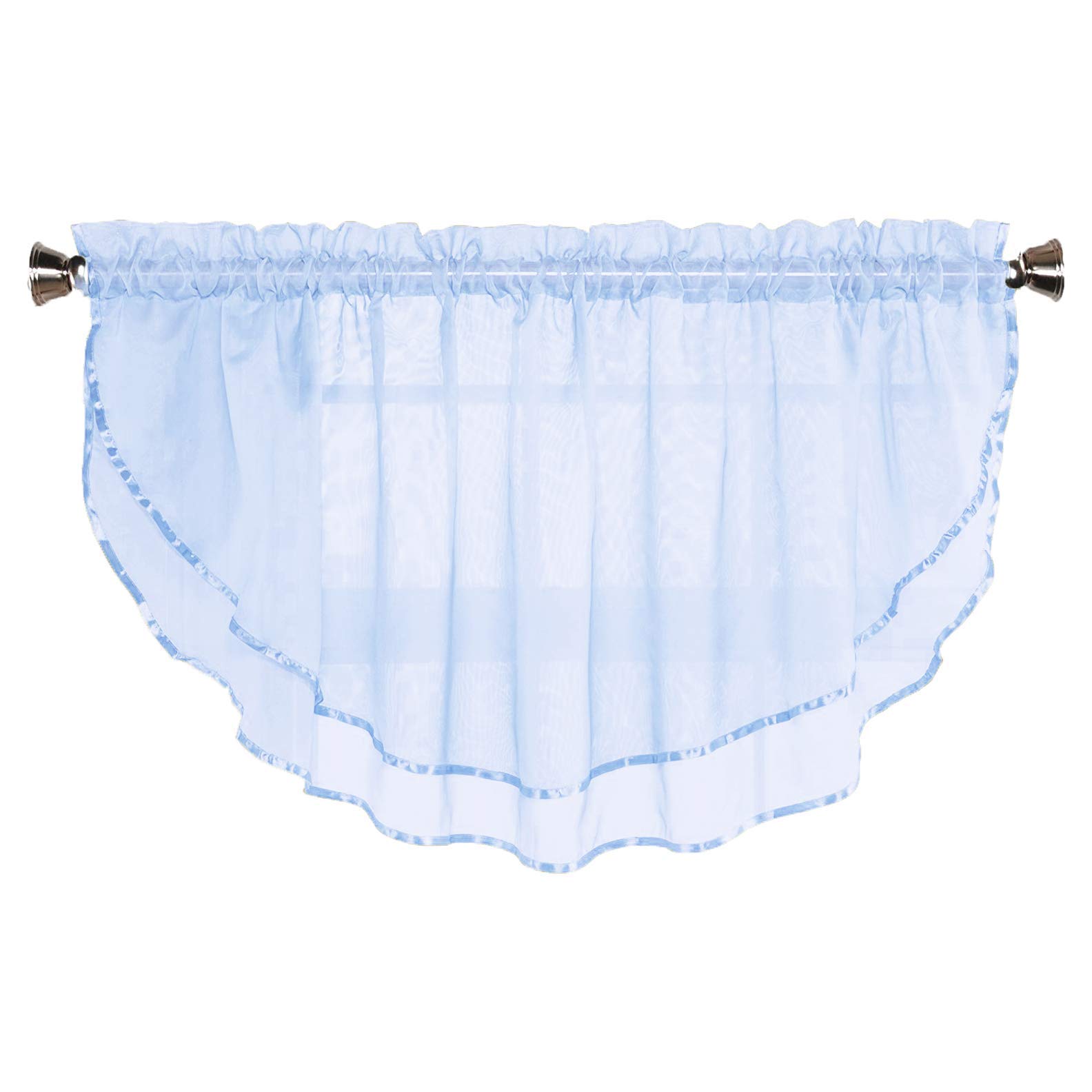 Sheer Voile Valance Curtain 54x24 Inches - Scalloped Edge with Ribbon Trim for Kitchen, Living Room, Dining Room, Bathroom | Light Filtering Window Treatment for Bay Windows & Home Decor (Blue)